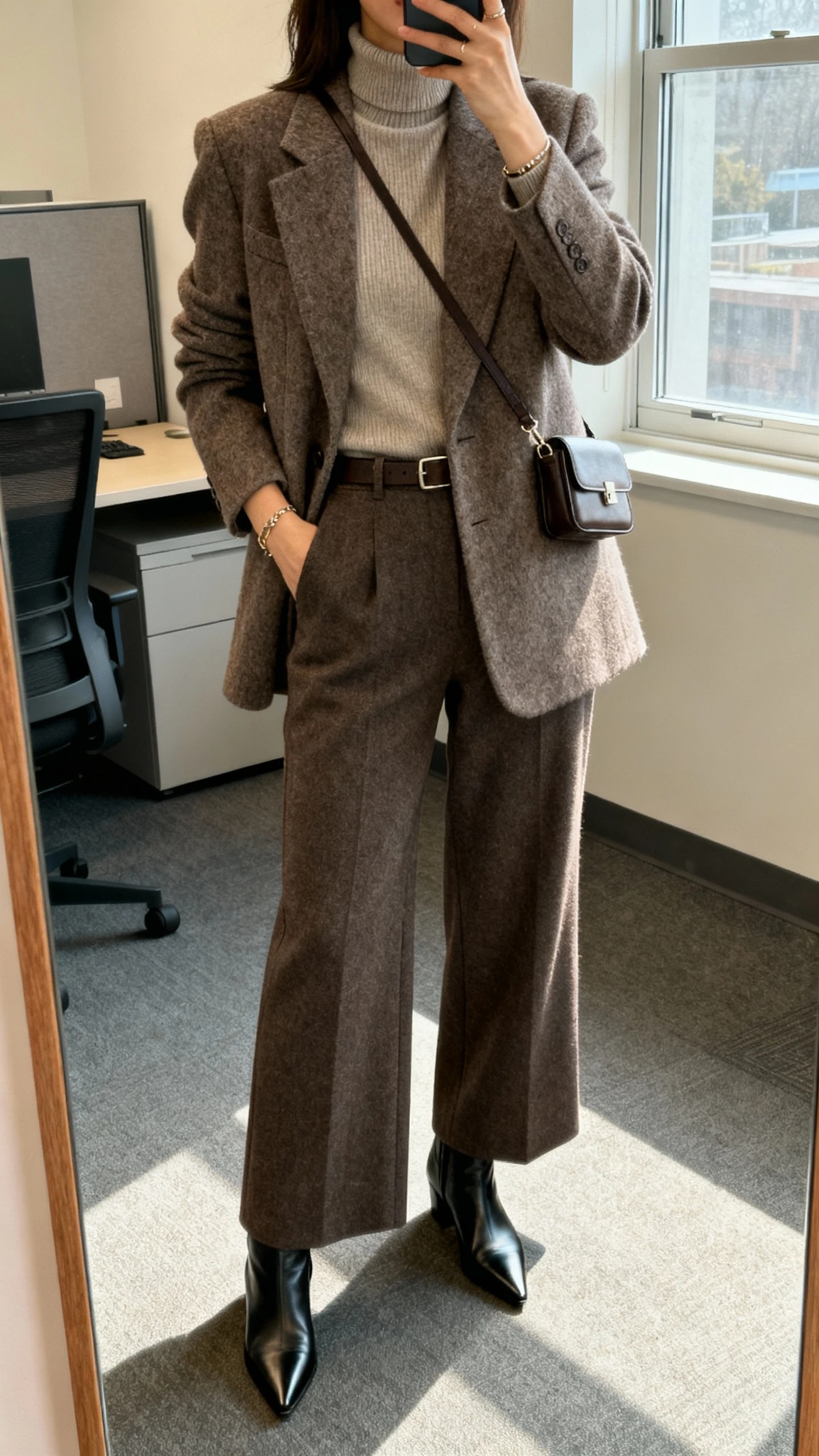 iPhone office mirror selfie of a woman in a structured wool-blend blazer over a fine merino turtleneck, full-length tailored wide-leg pants, pointed ankle boots, minimal belt, understated jewelry, compact crossbody; face not visible, natural morning light through window.