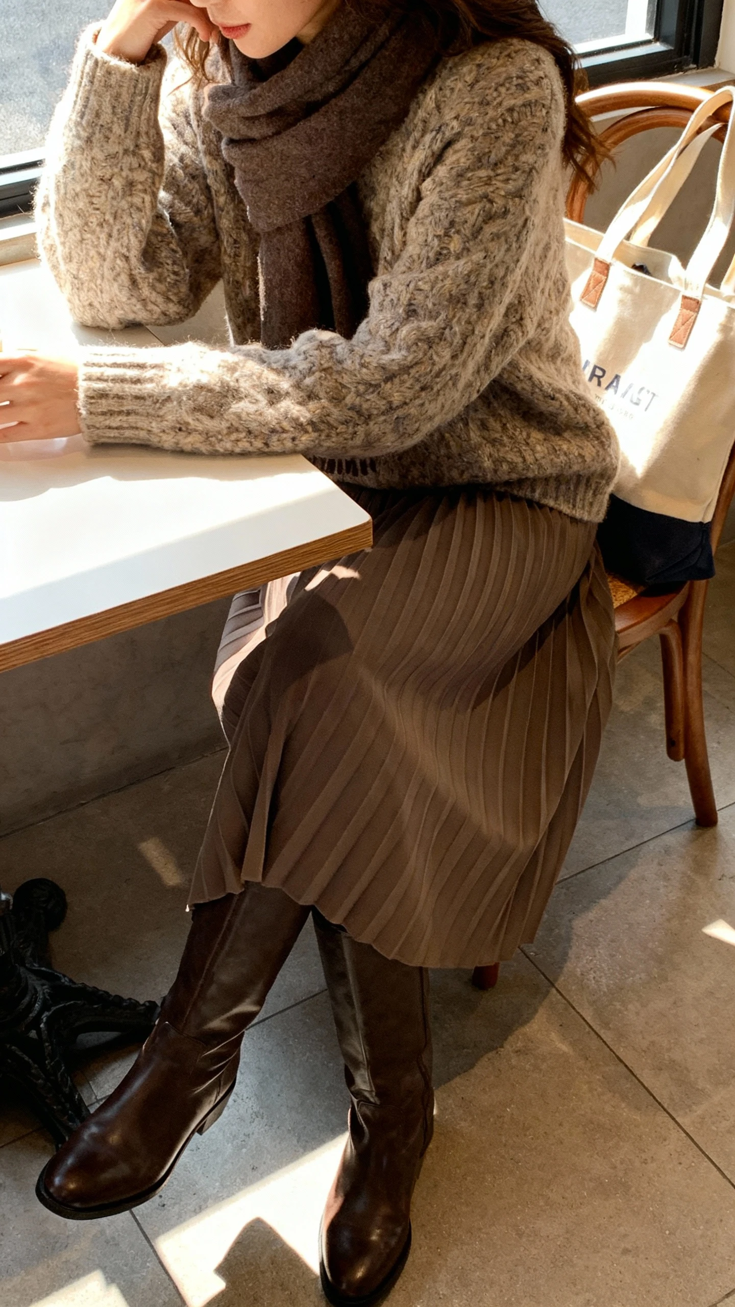iPhone seated cafe selfie (downward angle) of a woman wearing a chunky sweater over a pleated midi skirt, tall boots, scarf, tote on chair, face not visible, cropped at shoulders, window light on table, casual iPhone photo.