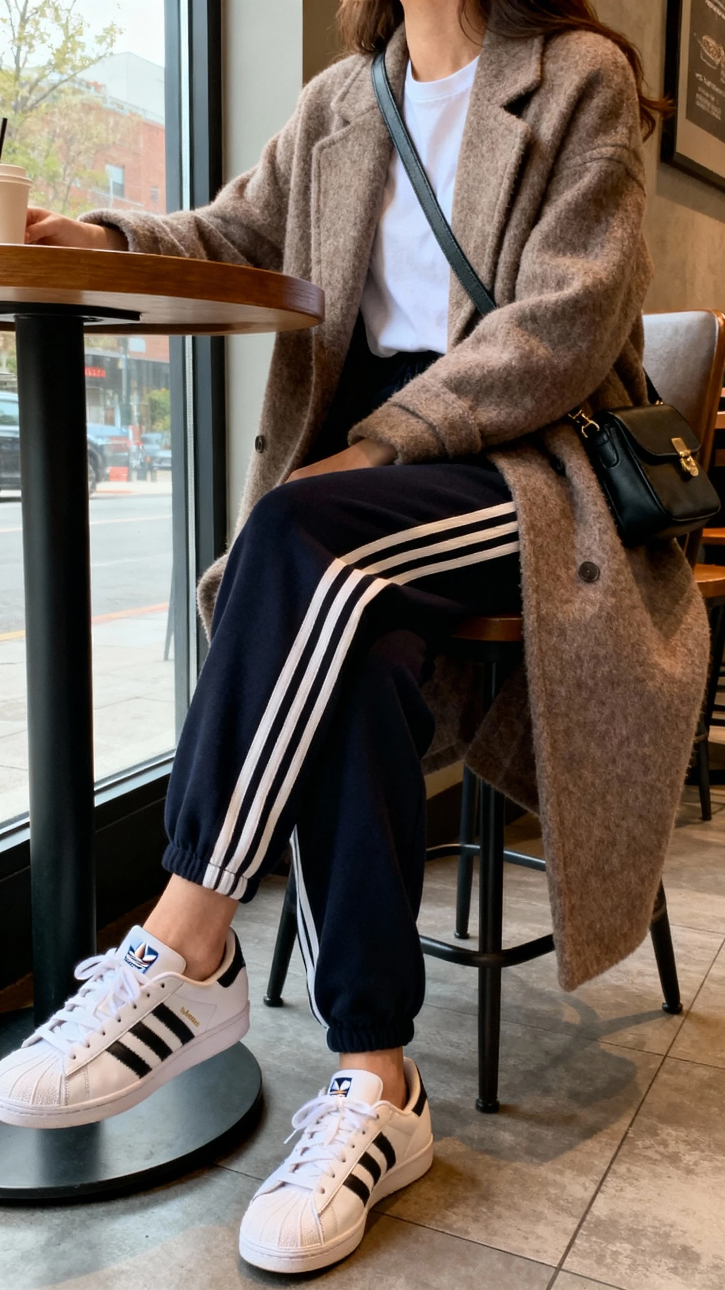 iPhone seated cafe selfie showing a woman in track pants with a wool coat, classic Adidas sneakers, simple tee, and crossbody bag, face not visible, side angle near window with natural daylight, casual iPhone photo.