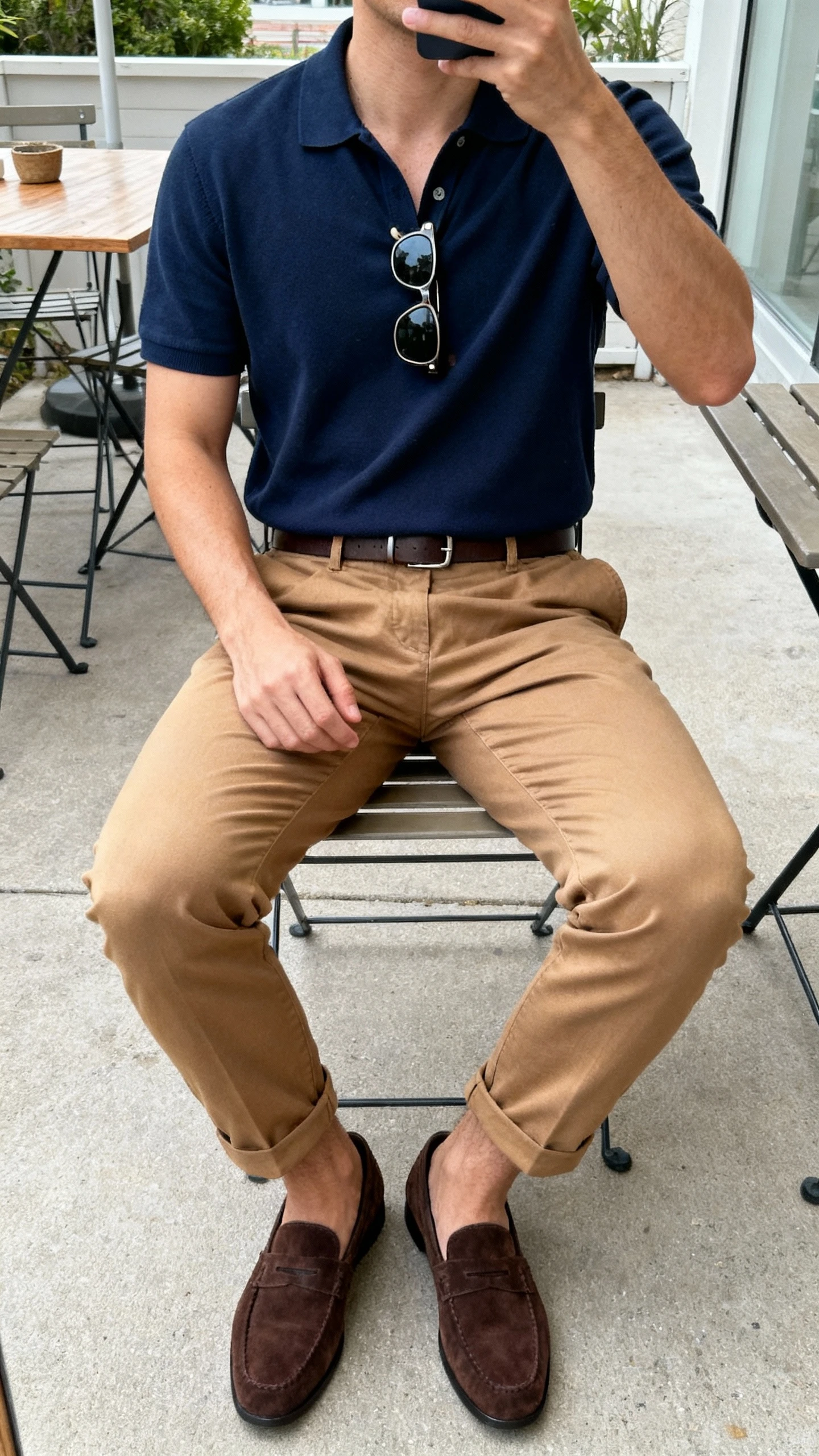 iPhone seated lap-to-shoulders selfie of a man wearing tan tapered chinos, a navy piqué polo, chocolate suede loafers, a minimal leather belt, and wayfarer sunglasses hooked at the placket; outdoor patio table, soft daylight, face not visible, natural iPhone aesthetic.