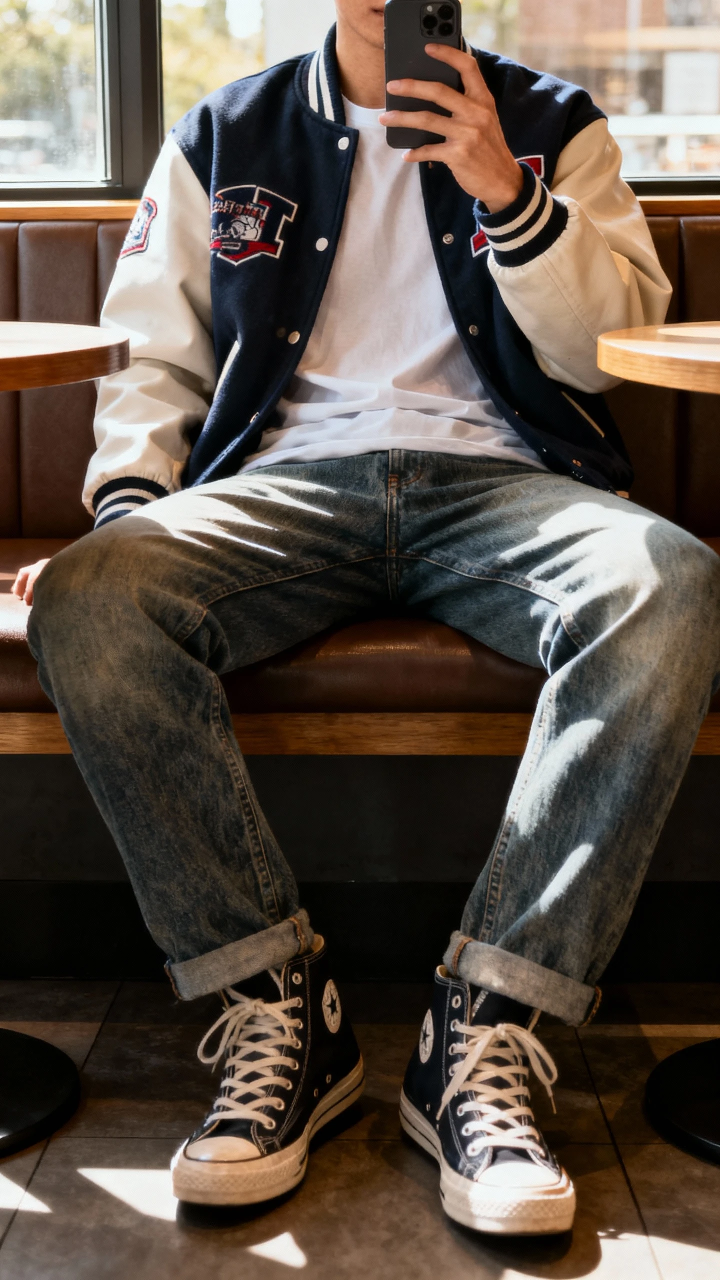 iPhone seated selfie from chest down of a man wearing a retro varsity letterman jacket over a plain tee, mid-wash jeans, and classic high-top sneakers, face not visible, cafe booth with afternoon window light, natural iPhone aesthetic.