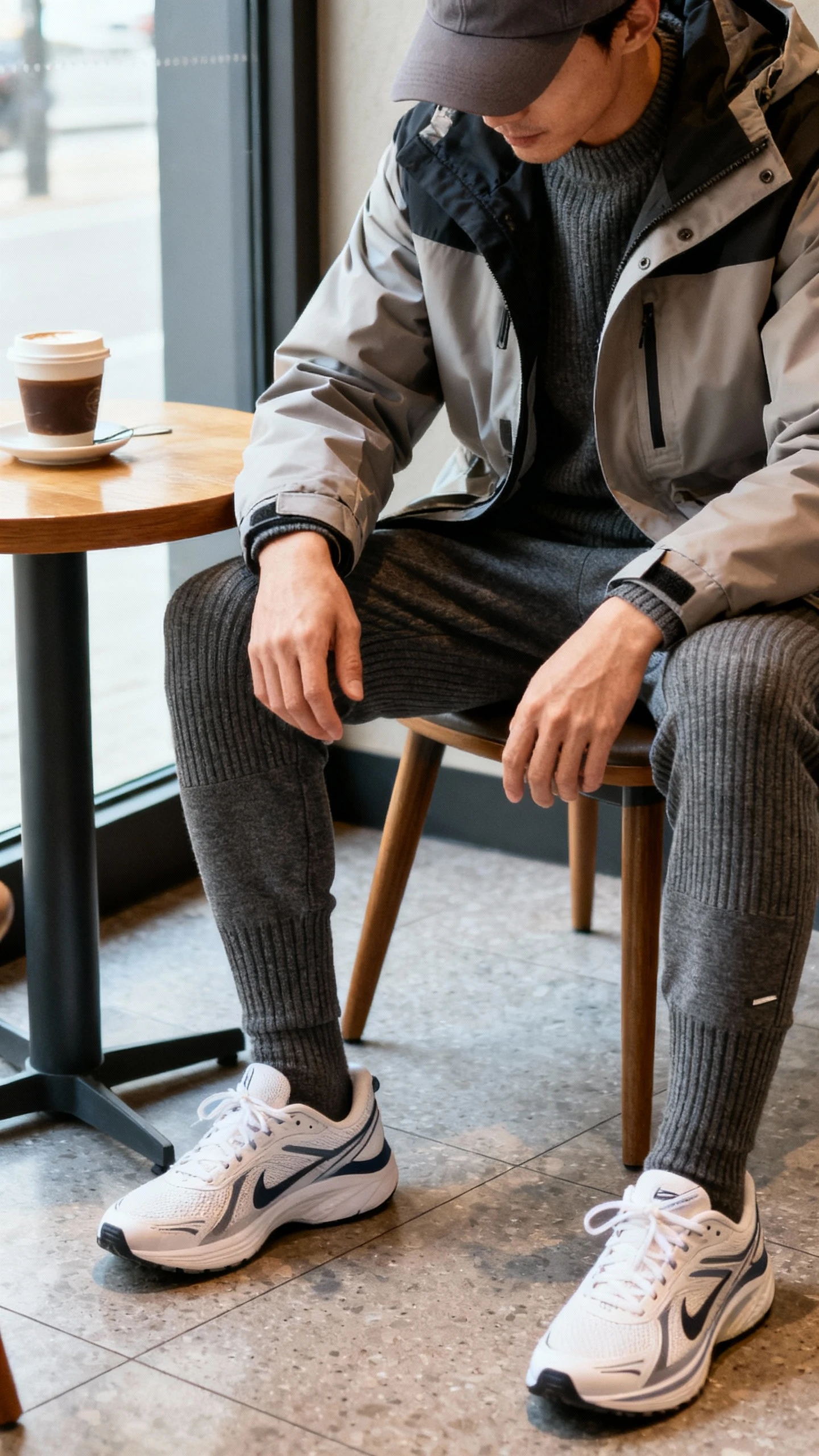 iPhone seated selfie of a man in a technical parka over a ribbed knit, tapered knit joggers, clean running-inspired sneakers, and a cap; coffee shop table shot with hand in frame, soft indoor daylight, face not visible, natural iPhone photo quality.