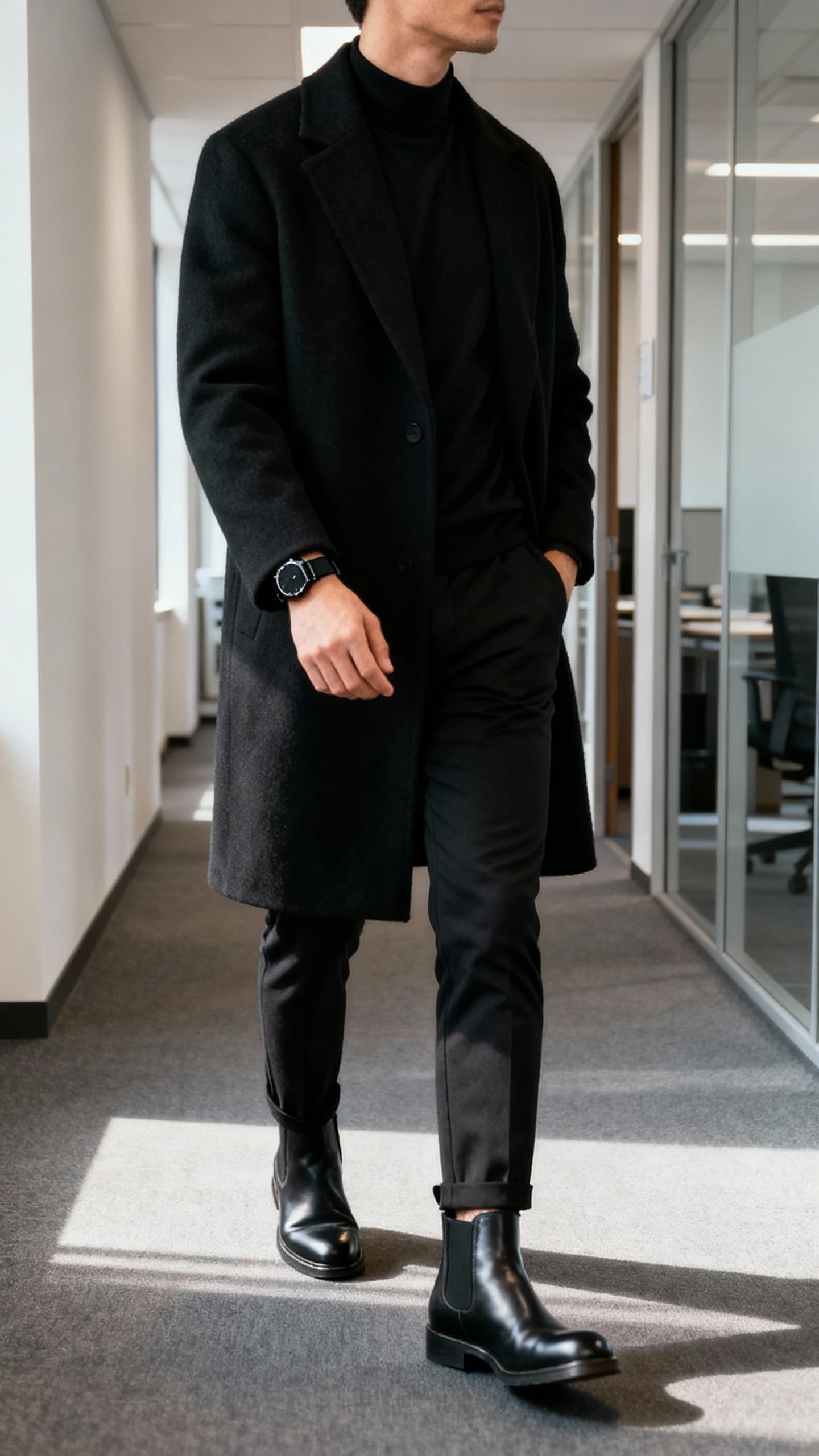 iPhone selfie cropped at shoulders showing a man in an all-black minimalist look: clean black wool overcoat, black mock-neck tee, tapered black trousers, black leather Chelsea boots, simple black leather watch, no logos, face not visible, office hallway side-angle, morning natural light, casual iPhone aesthetic