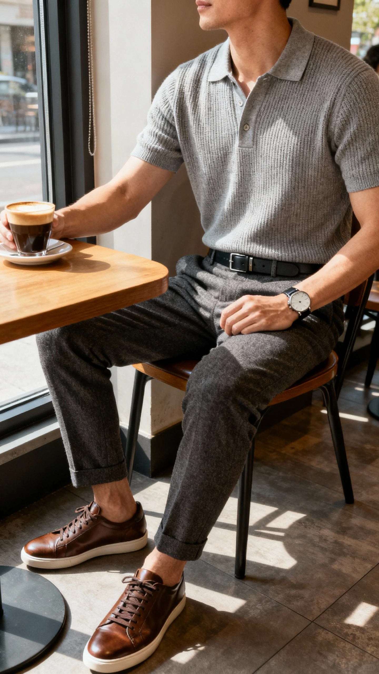 iPhone side-angle cafe selfie of a man in a fine-gauge knit polo, tapered wool trousers, luxe leather sneakers, minimalist watch, and sleek belt, face not visible, seated at a window table with coffee, morning natural light, casual iPhone aesthetic.