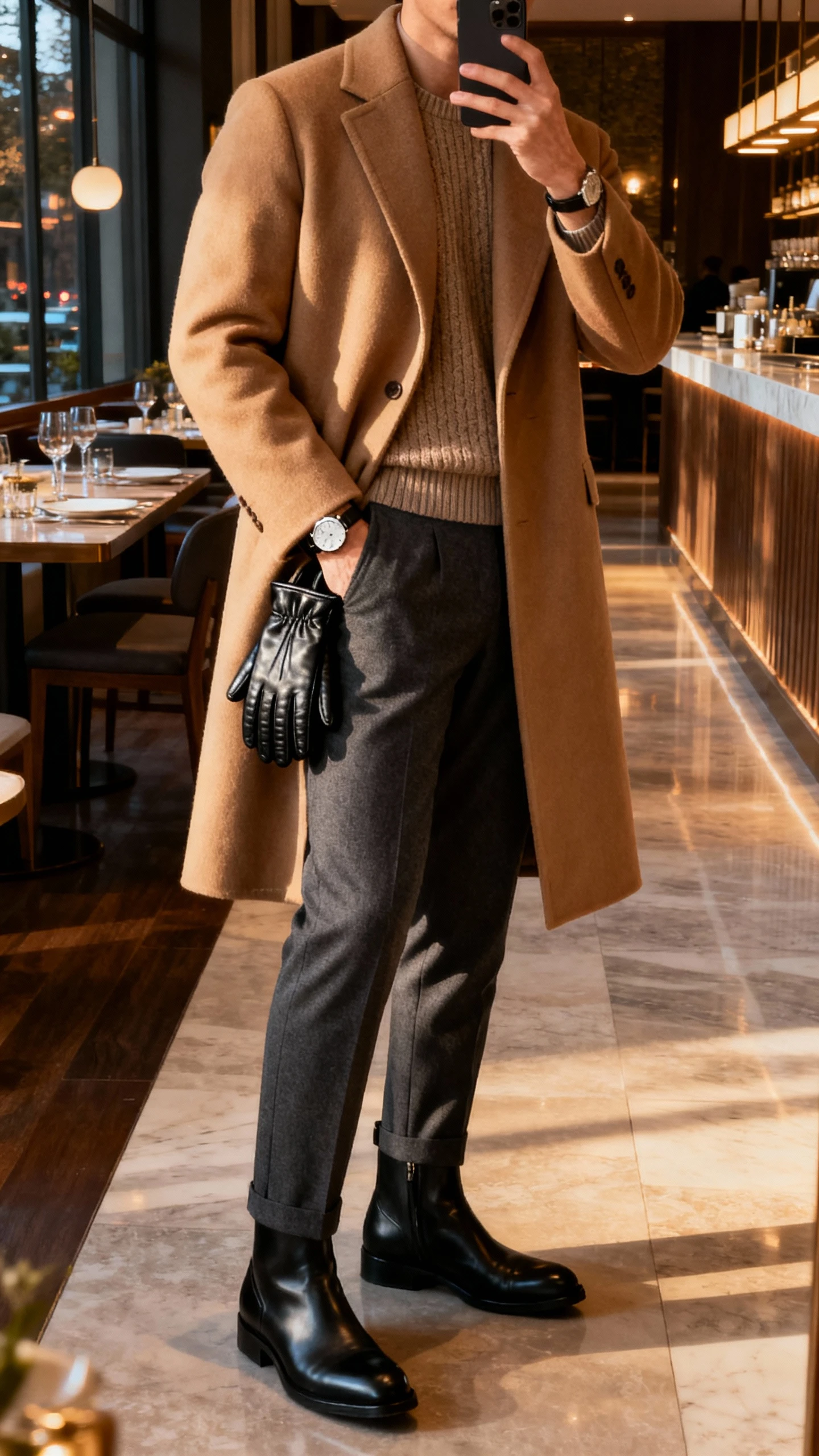 iPhone side-angle selfie of a man in a camel topcoat over a fine dress knit, tailored charcoal dress pants, sleek black dress boots, leather gloves tucked in pocket, minimalist watch; upscale restaurant foyer, warm evening light, face not visible, natural iPhone photo quality.