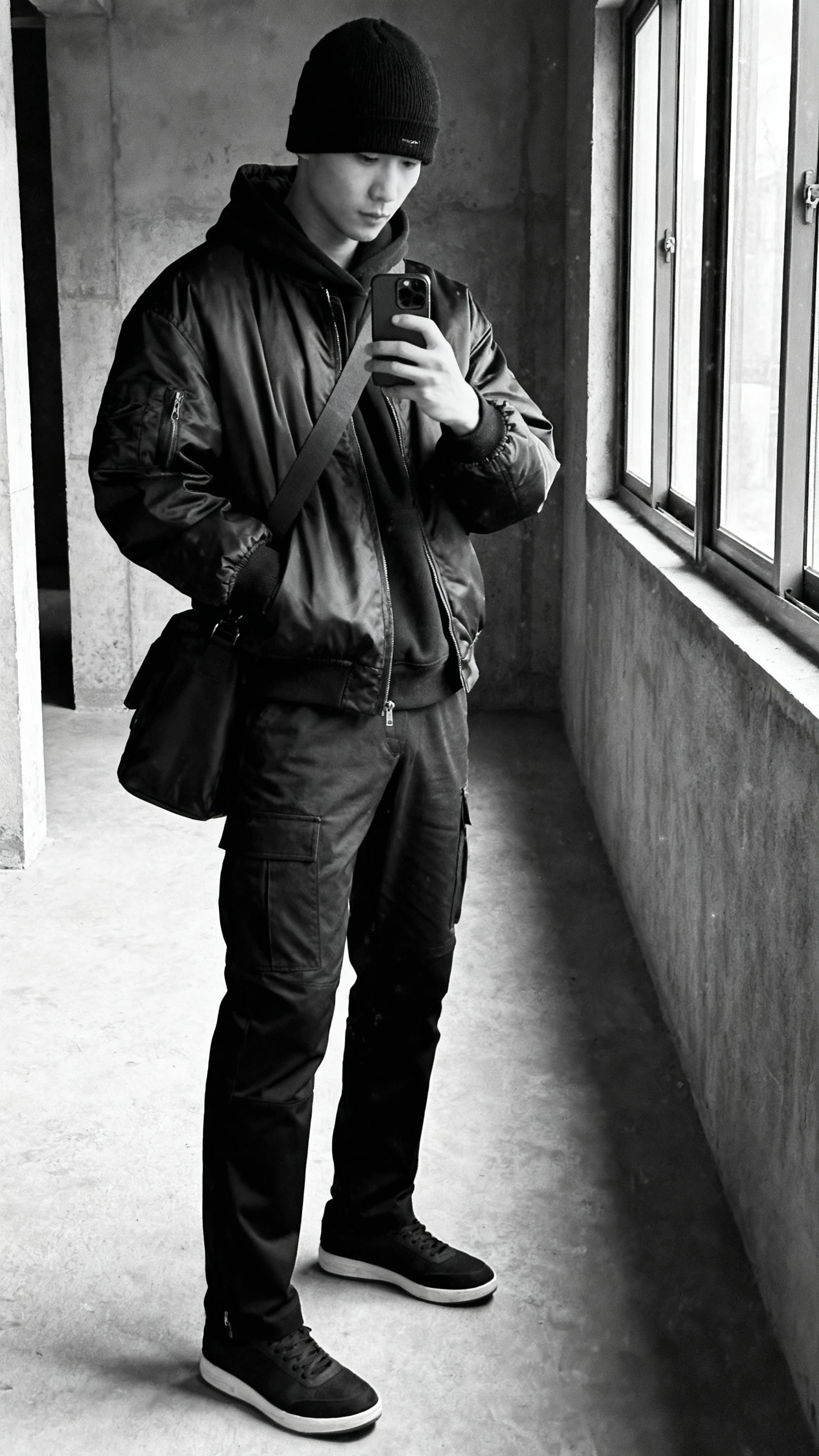iPhone side-angle selfie of a man in monochrome black: boxy hoodie under a sleek bomber, tapered cargo pants, minimalist trainers, black beanie, crossbody bag; concrete hallway setting, morning window light, cropped at shoulders, face not visible, natural iPhone photo quality.