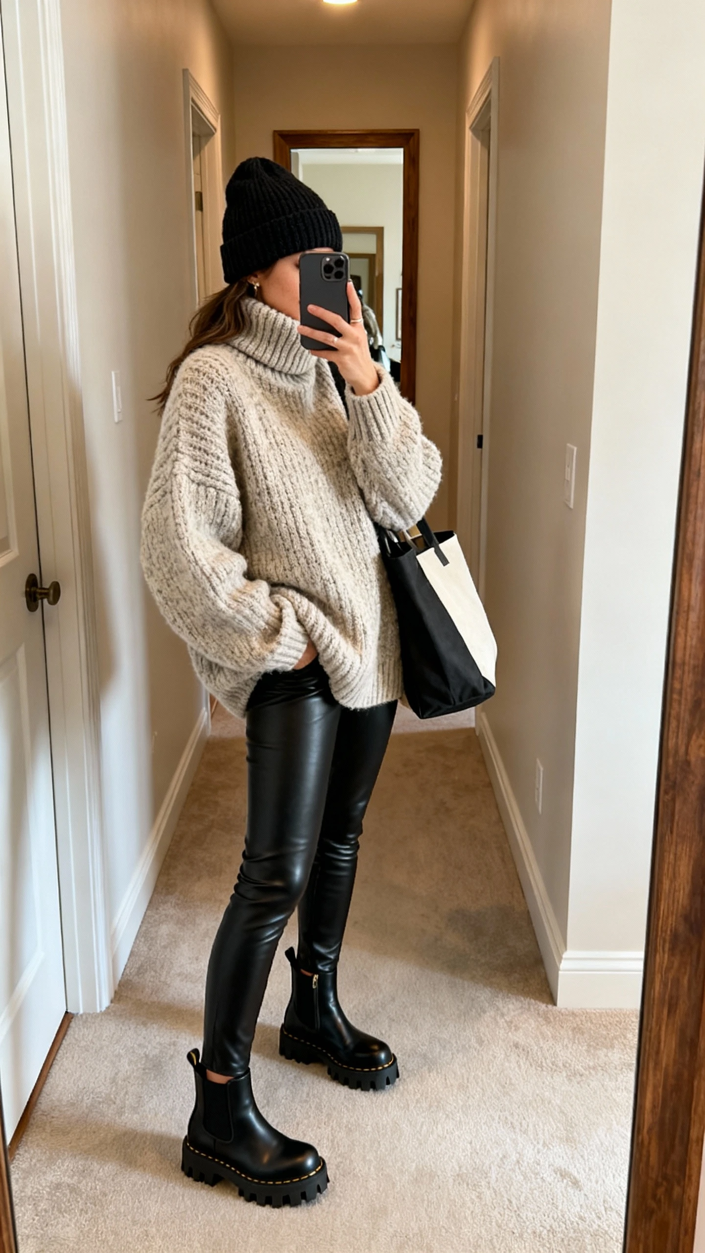 iPhone side-angle selfie of a woman in a chunky oversized turtleneck sweater, black leather leggings, black lug-sole Chelsea boots, wool beanie, tote bag, face not visible, hallway mirror with warm indoor lighting, natural iPhone aesthetic