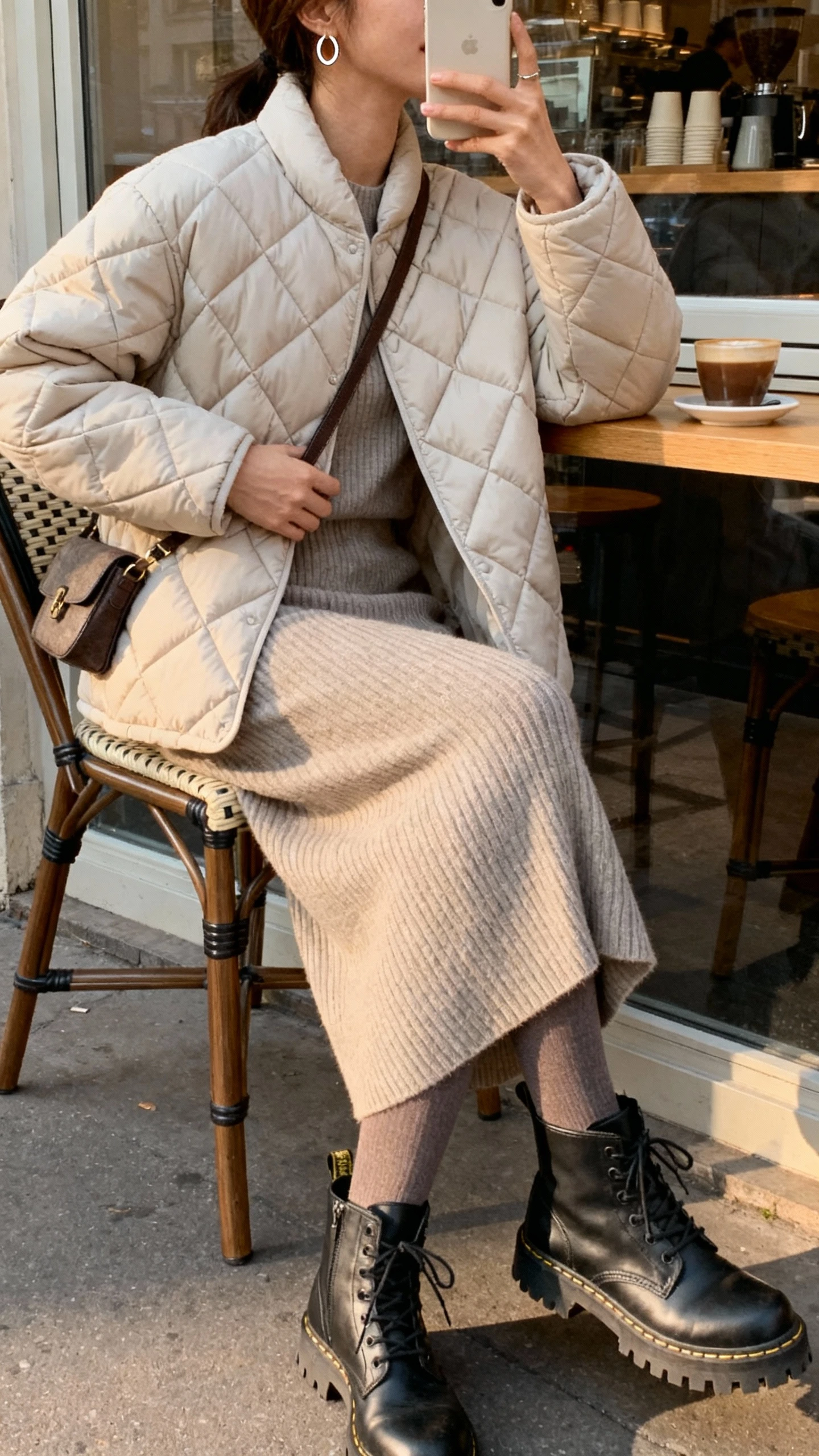 iPhone side-angle selfie of a woman in an elevated quilted puffer over a ribbed knit midi dress, opaque tights, lug-sole ankle boots, crossbody bag, and minimal hoop earrings, face not visible, coffee shop window seat, soft afternoon light, natural iPhone photo.