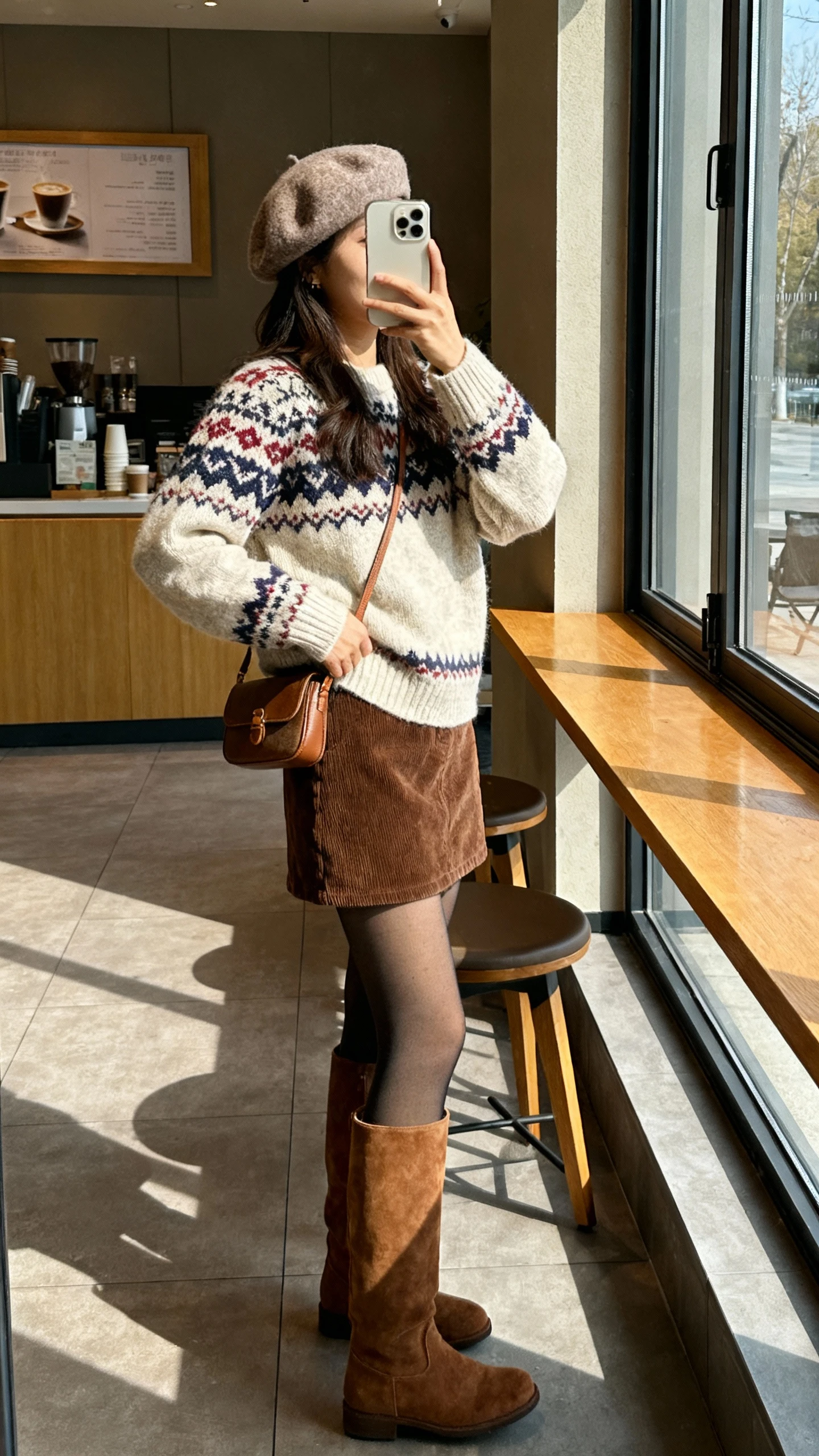 iPhone side-angle selfie of a woman wearing a Fair Isle sweater, corduroy mini skirt with tights, tall suede boots, wool beret, small crossbody, face not visible, taken near a coffee shop window seat, morning natural light, casual iPhone photo