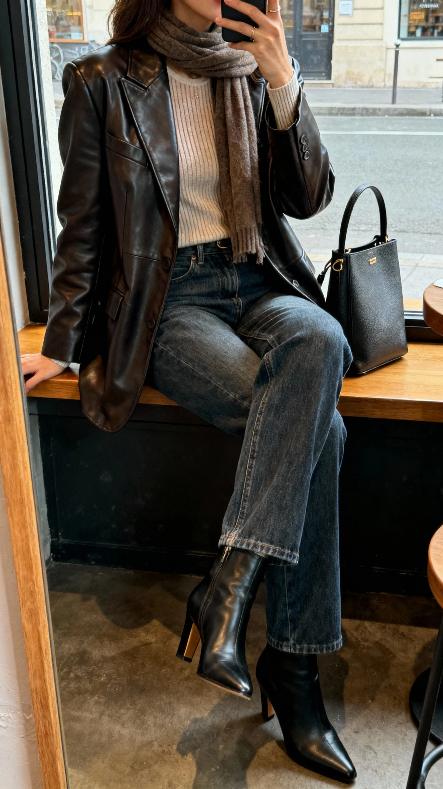 iPhone side-angle selfie showing a woman wearing a leather blazer layered over a thin knit and scarf, straight-leg jeans, heeled boots, and a structured bag, face not visible, cafe window seating with natural daylight, iPhone photo quality.