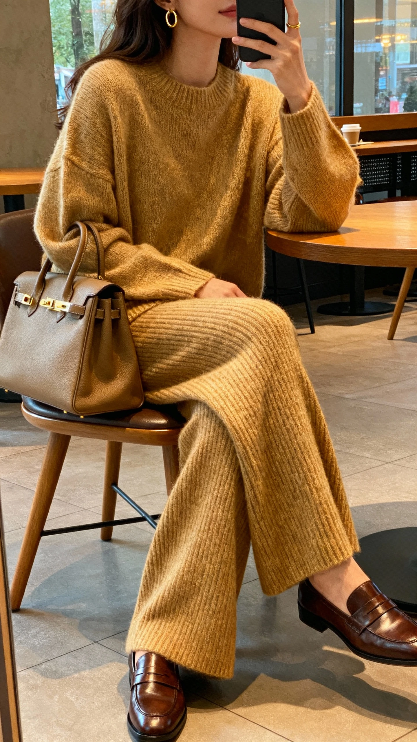 iPhone side-angle sitting selfie of a woman in a matching luxe knit set (relaxed sweater and wide-leg knit pants), minimal gold hoops, sleek leather loafers, structured tote on chair, face not visible, coffee shop table with warm indoor lighting, casual iPhone aesthetic.