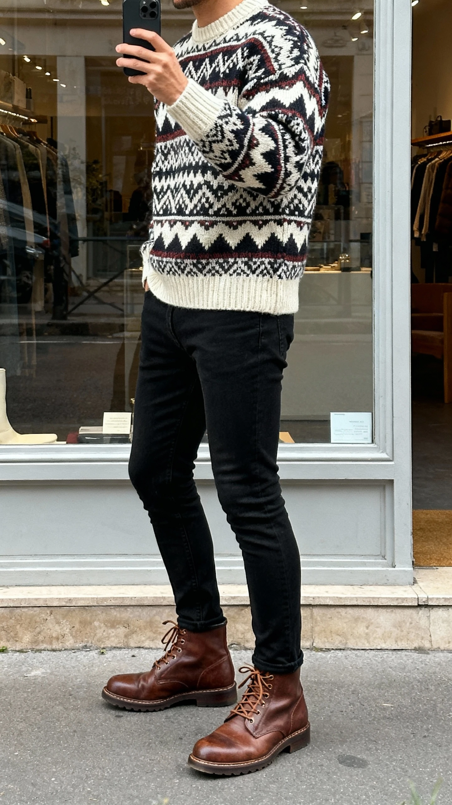 iPhone side-profile selfie cropped at neck of a man in a statement knit sweater (bold pattern) paired with slim black jeans and brown leather lace-up boots, taken by a shop window with soft morning light, face not visible, natural iPhone photo quality.