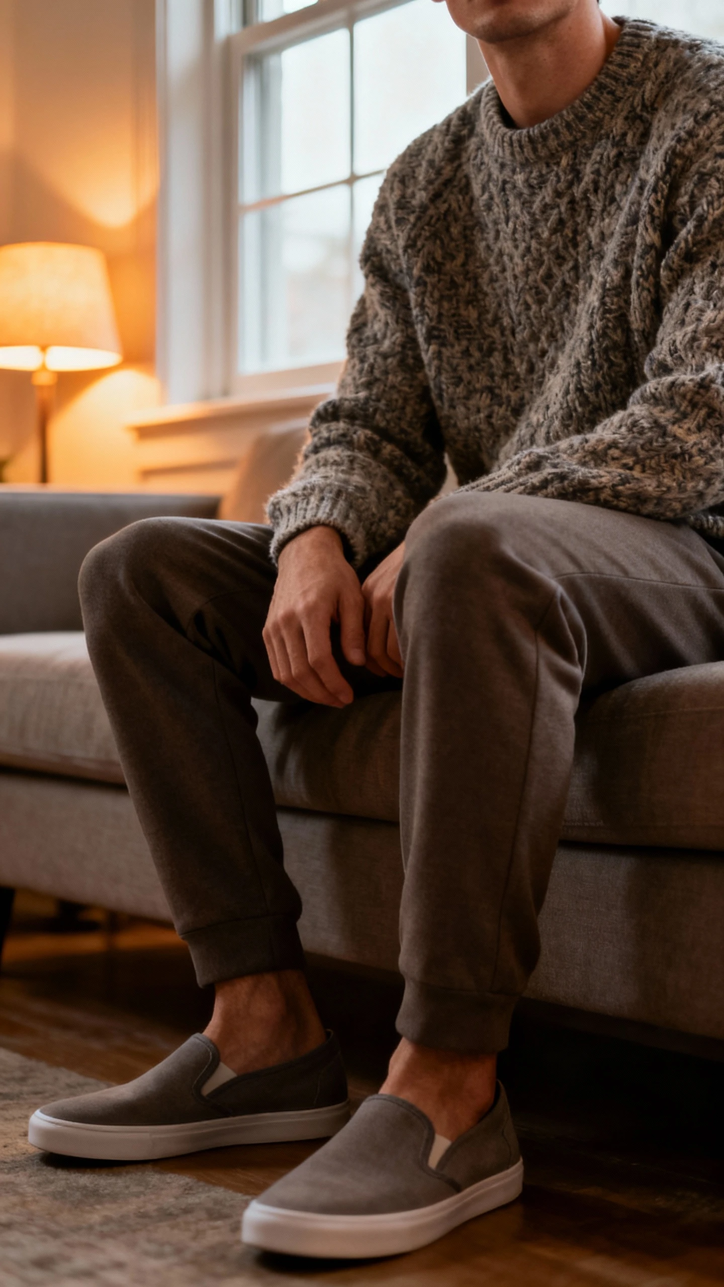 iPhone sofa selfie cropped at shoulders showing a man wearing a cozy textured knit sweater with tailored joggers and minimalist slip-on sneakers, face not visible, warm lamplight with window glow, natural iPhone aesthetic.