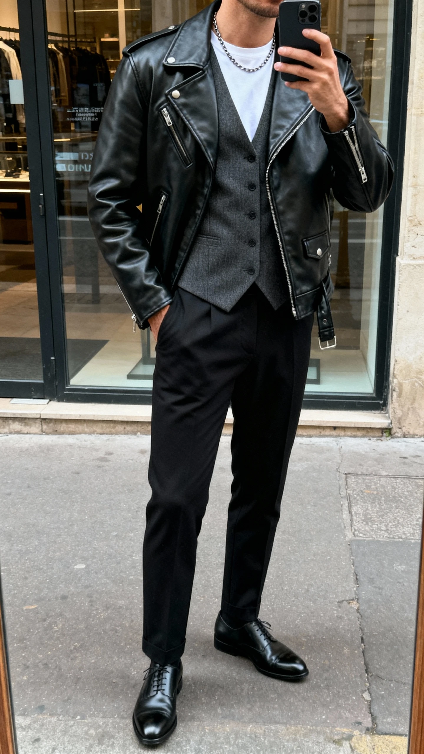 iPhone street mirror selfie of a man wearing a black leather biker jacket over a charcoal tailored vest, crisp white tee, sharp black trousers, black derby shoes, thin chain necklace, face not visible, urban storefront glass reflection, natural daylight, casual iPhone quality