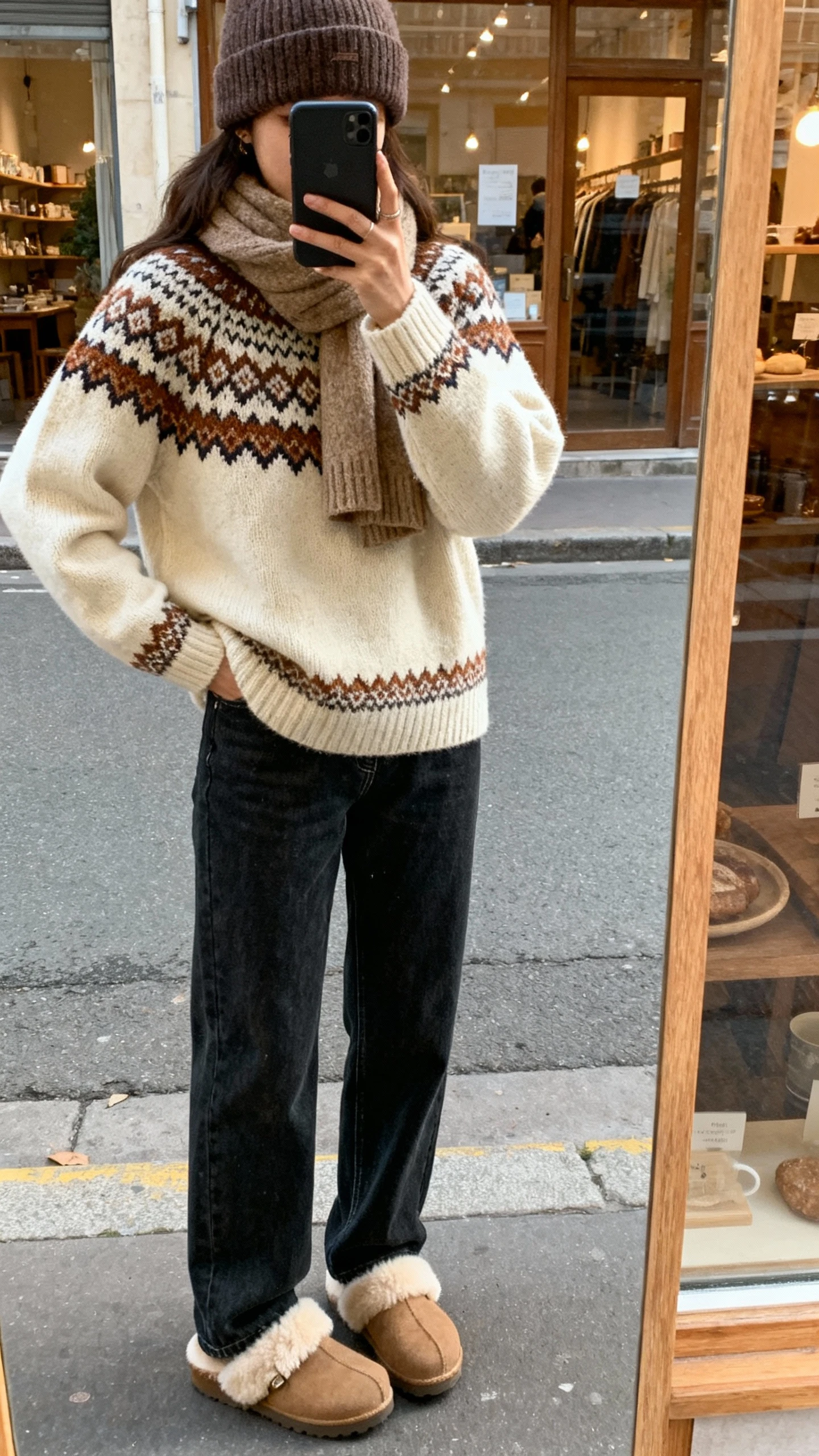 iPhone street-mirror selfie of a woman wearing a Fair Isle yoke sweater (cream with earthy pattern), straight-leg dark jeans, shearling-lined clogs, beanie, wool scarf, face not visible, shop window reflection on a cozy street, natural daylight, casual iPhone photo.