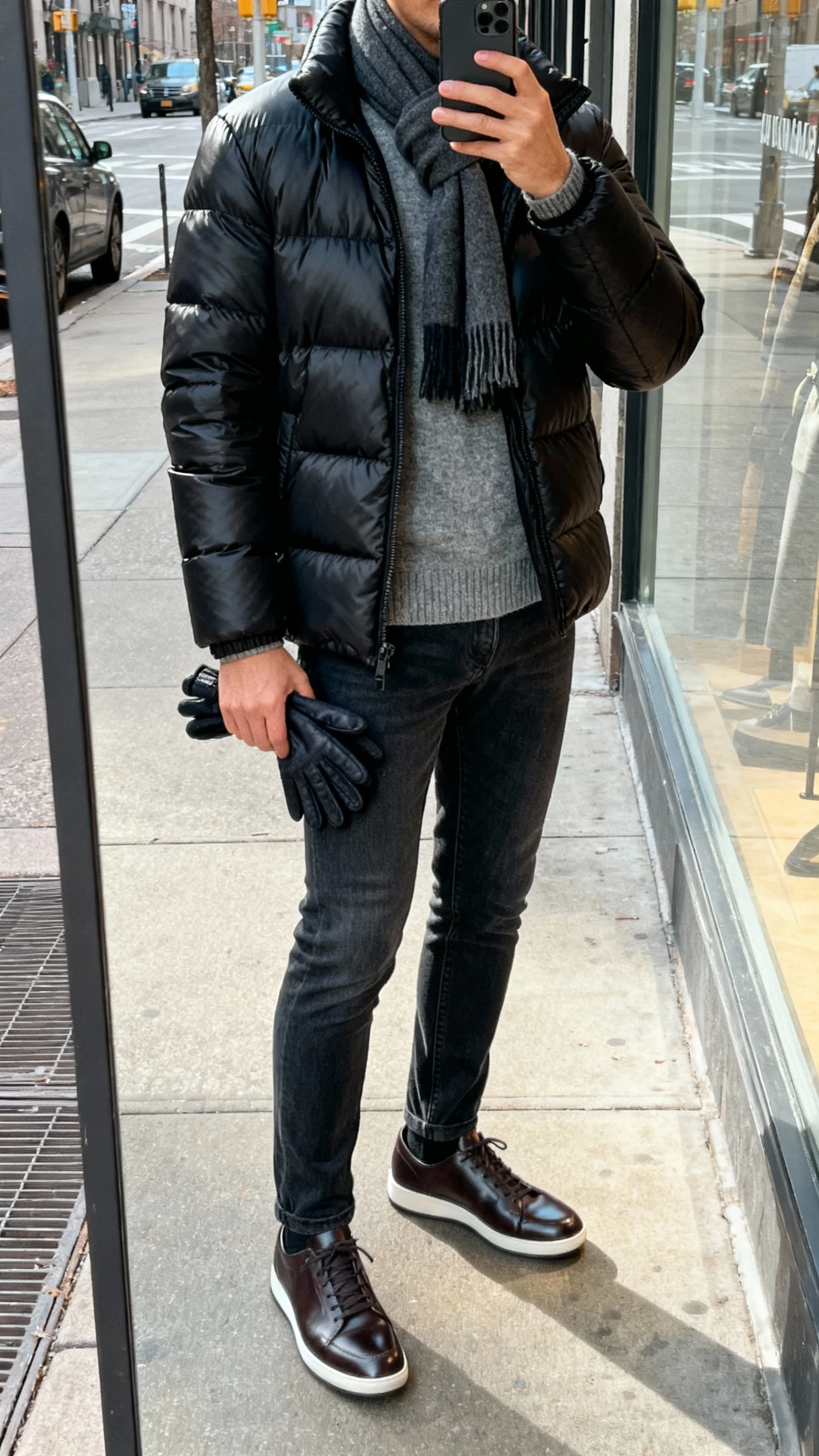 iPhone street mirror selfie (shop window) of a man in a matte black puffer jacket over a grey wool sweater, dark slim jeans, sleek leather sneakers, scarf, and gloves in hand; city sidewalk in daylight, face not visible, natural iPhone photo quality.