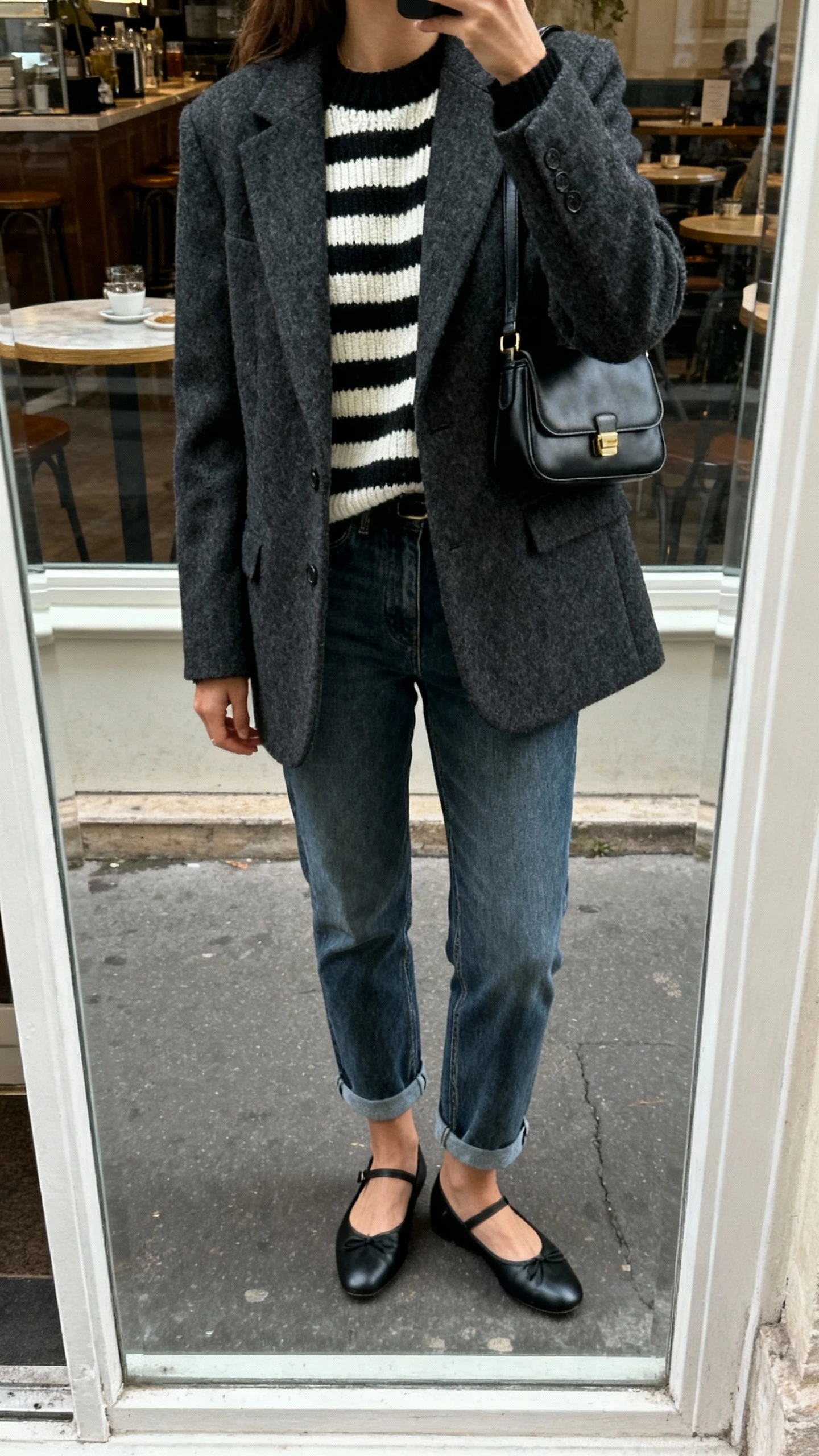 iPhone street mirror shot of a woman in a black-and-cream striped knit, charcoal wool blazer, cropped straight-leg jeans, black ballet flats, red lip peek not shown, small leather shoulder bag, face not visible, overcast daylight by a cafe window, casual iPhone photo