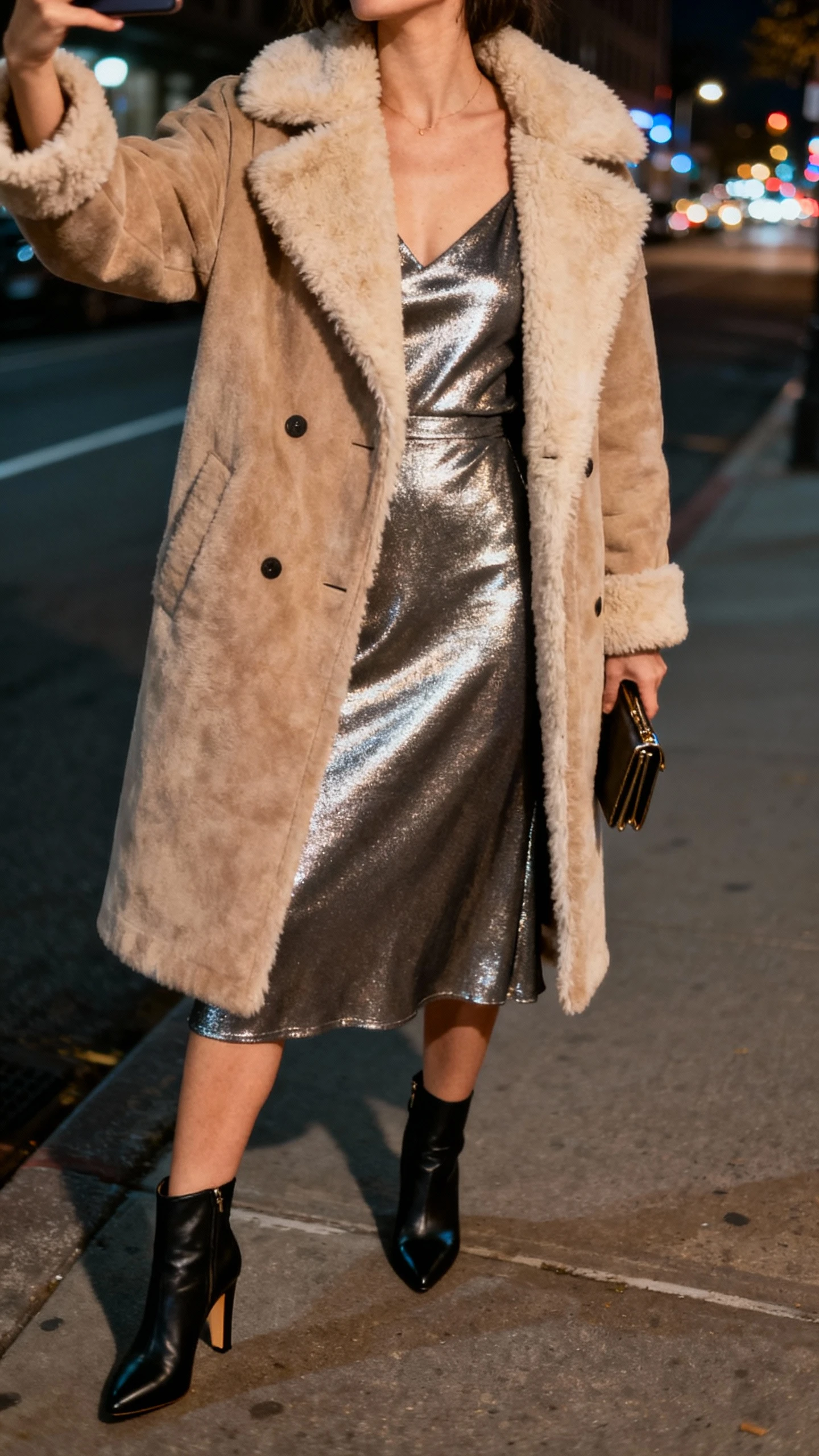 iPhone street-side selfie cropped at neck showing a woman in a metallic midi dress under a shearling-lined coat, heeled booties, clutch, face not visible, evening city lights, natural iPhone photo.