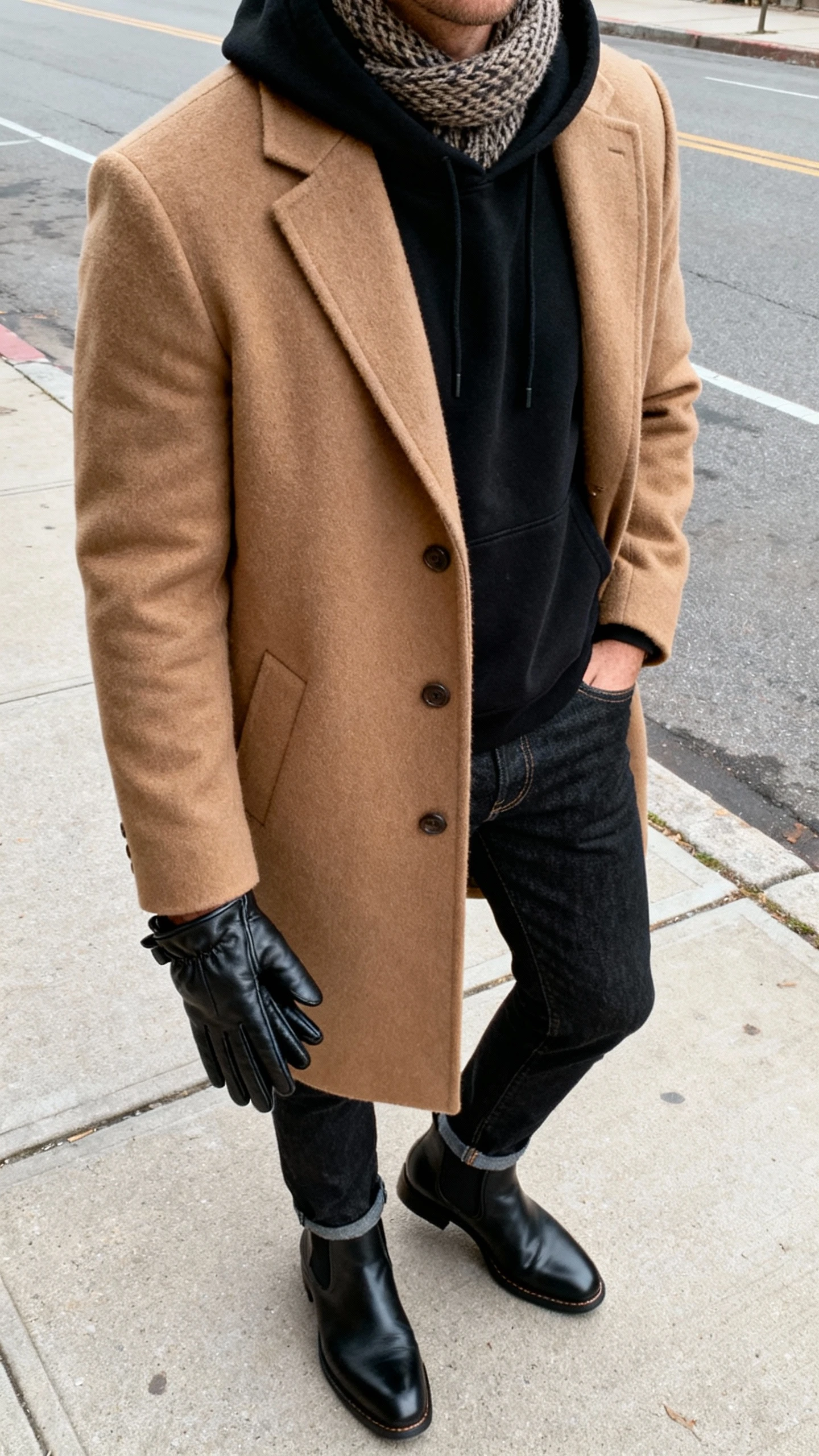 iPhone street-side selfie from shoulder down of a man in a camel wool-cashmere topcoat over a black hoodie, dark denim, black leather Chelsea boots, with leather gloves in hand and a knit scarf; overcast daylight on sidewalk, face not visible, casual iPhone photo.