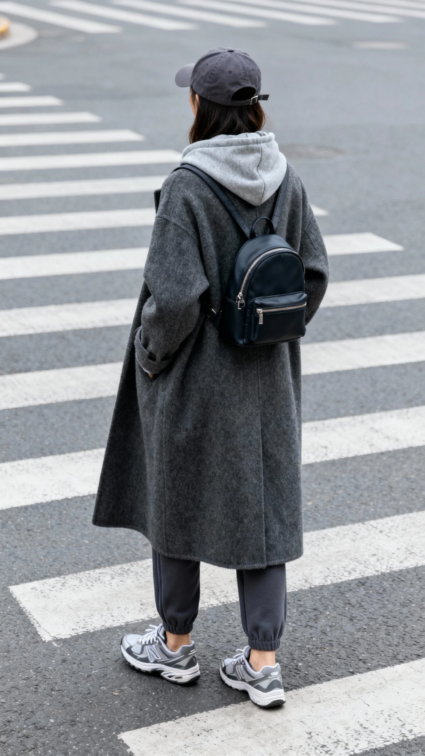 iPhone street-style back-view selfie of a woman in a floor-sweeping wool coat over athleisure (hoodie and tapered joggers), sleek trainers, baseball cap, mini backpack, face not visible, city street crosswalk, overcast natural light, casual iPhone photo.
