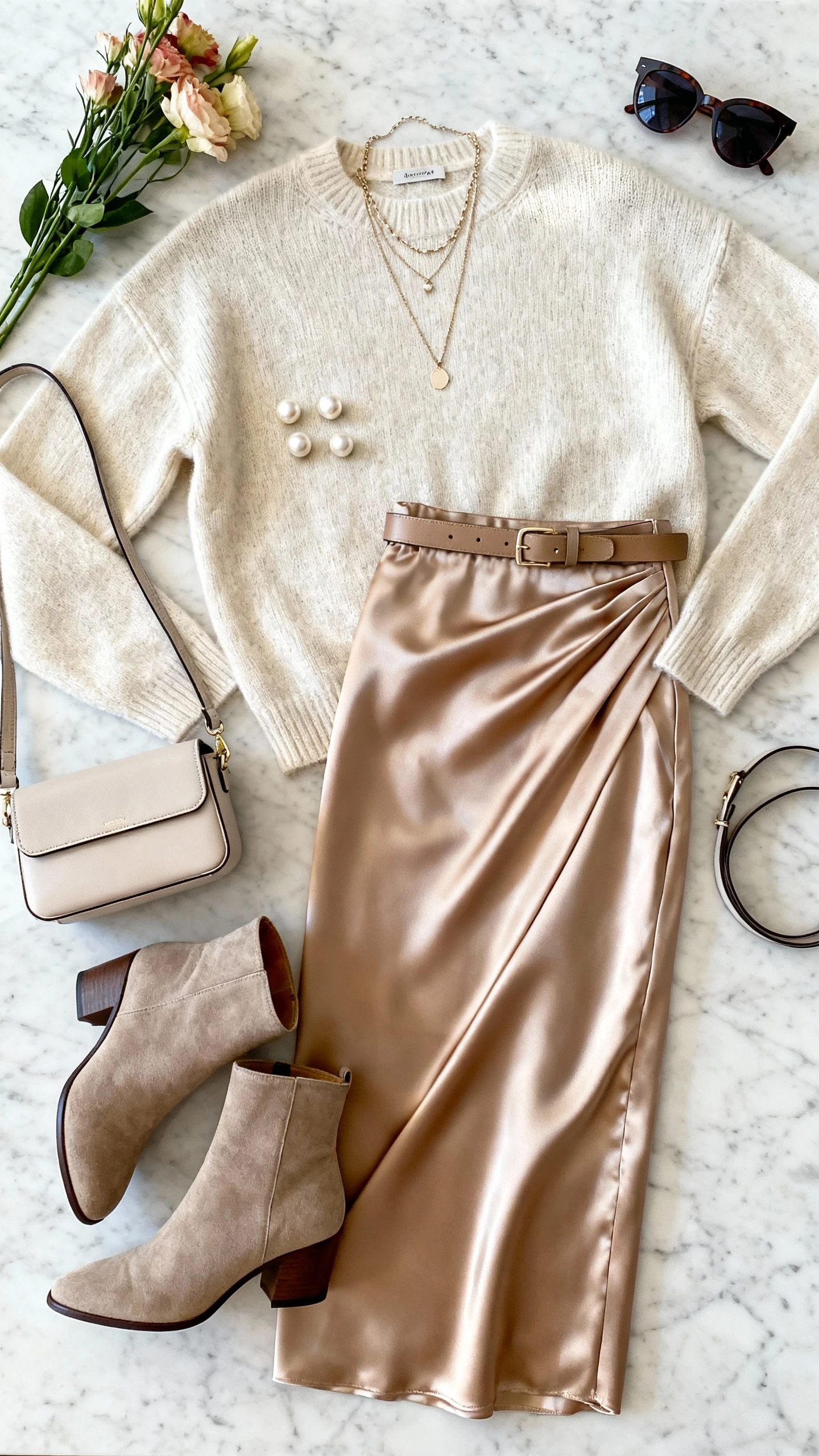 Top-down flat lay of a refined cashmere sweater, bias-cut satin midi skirt, ankle boots, dainty layered necklaces, pearl studs, slim belt, and mini shoulder bag on a marble countertop; include a sprig of flowers and sunglasses, bright natural light, no person visible, clean organized composition, iPhone photo aesthetic.
