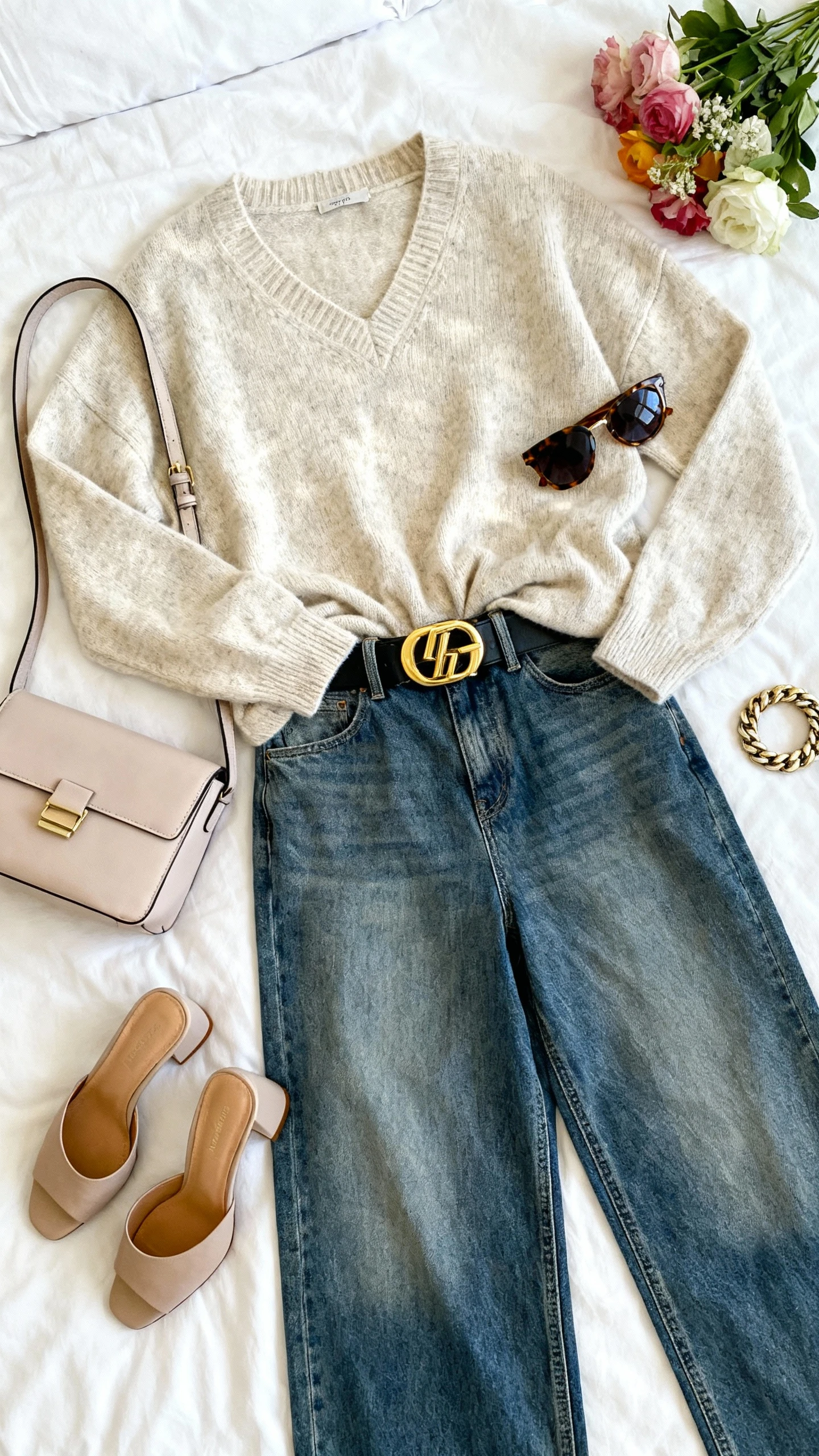Top-down flat lay of slouchy V-neck sweater tucked with a bold statement belt into medium-wash wide-leg jeans, heeled mules, soft shoulder bag, oversized sunnies, and chunky bracelet on a white bed with fresh flowers as prop, bright natural light, no person visible, clean organized composition, iPhone photo aesthetic.