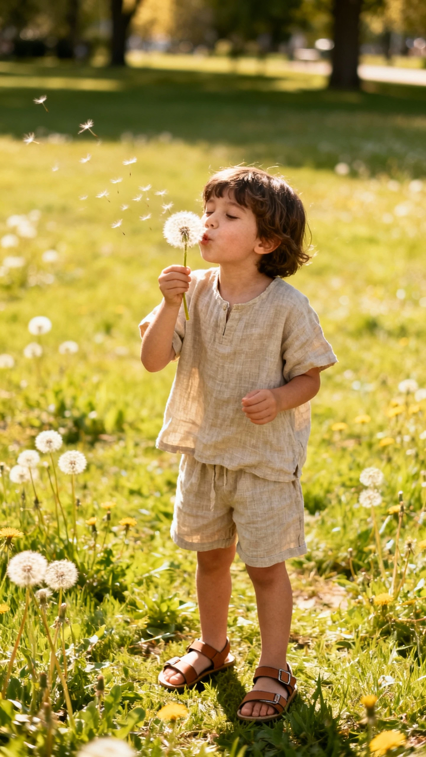 A child wearing a breezy linen-cotton short-sleeve top and matching shorts with sandals, happy, blowing dandelions in a grassy park, casual iPhone photo style, sunny day, outdoor setting.