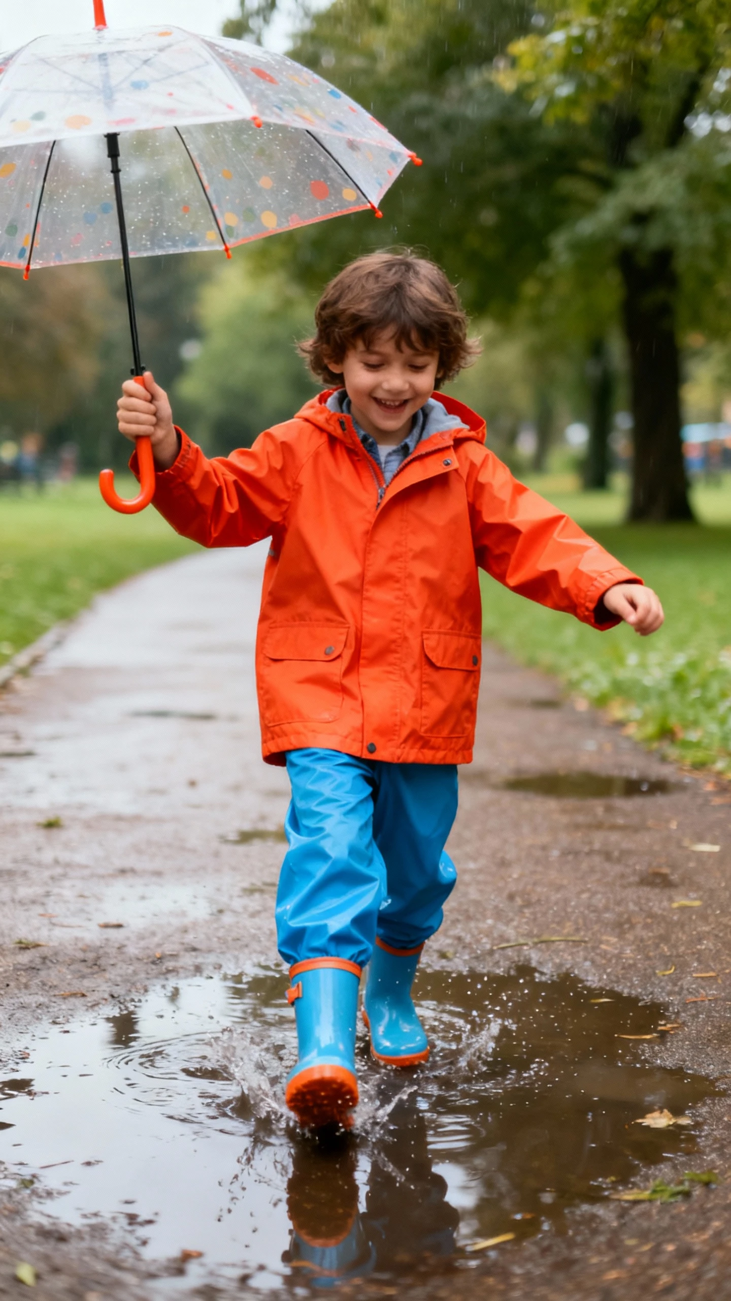 A child wearing a bright raincoat, waterproof pants, and rain boots with a small umbrella, happy, stomping in puddles on a park path, casual iPhone photo style, natural daylight after rain, outdoor setting.