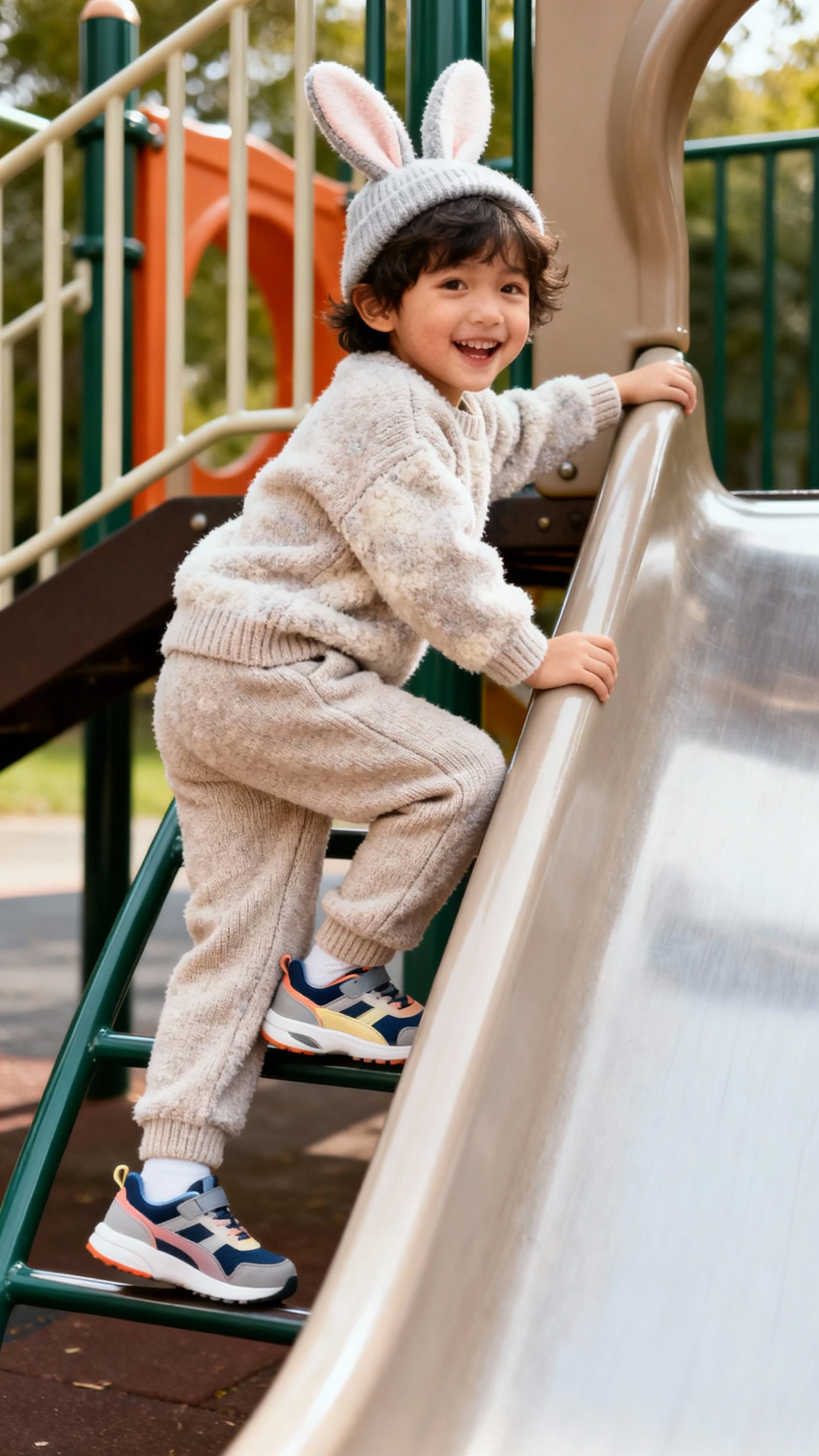 A child wearing a bunny-soft knit set with a cozy sweater and matching knit joggers, paired with flexible sneakers, happy, climbing on a playground slide, casual iPhone photo style, natural daylight, outdoor setting.