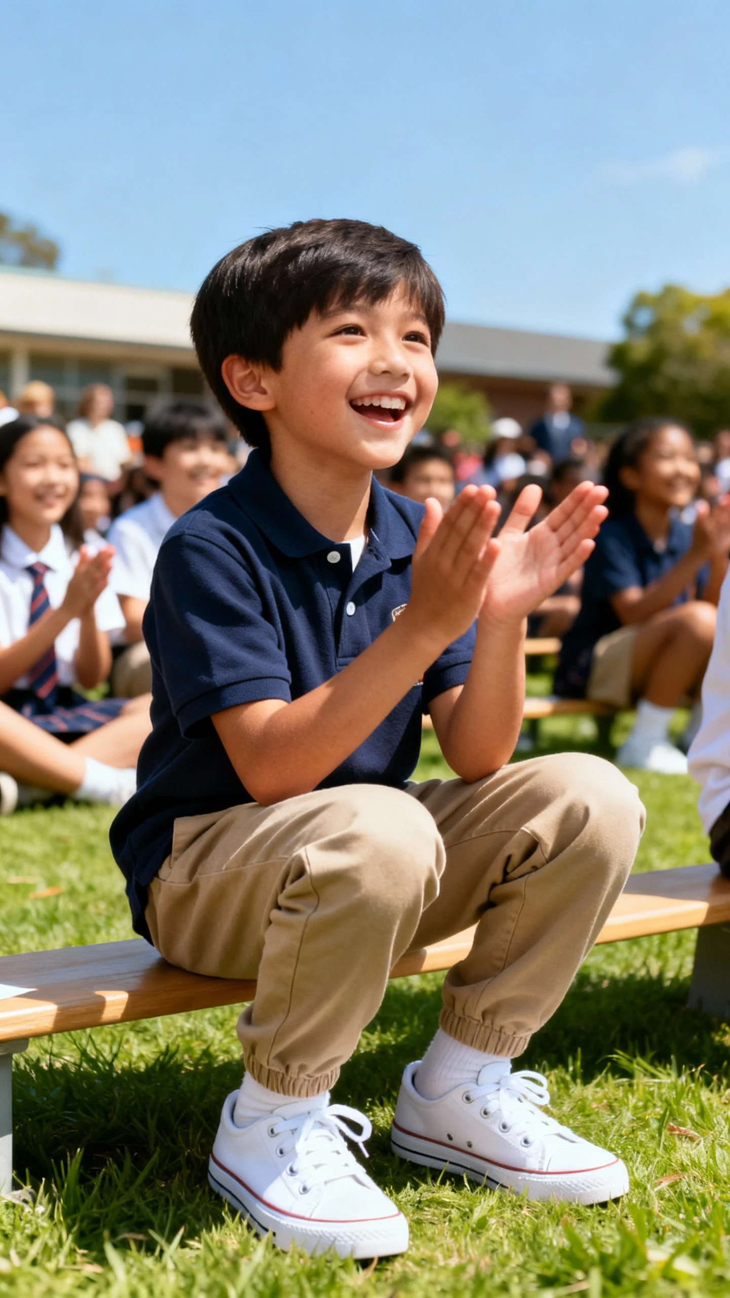 A child wearing a classic polo with chino joggers and clean low-top sneakers, happy, clapping at a school event on the lawn, casual iPhone photo style, sunny day, outdoor setting.