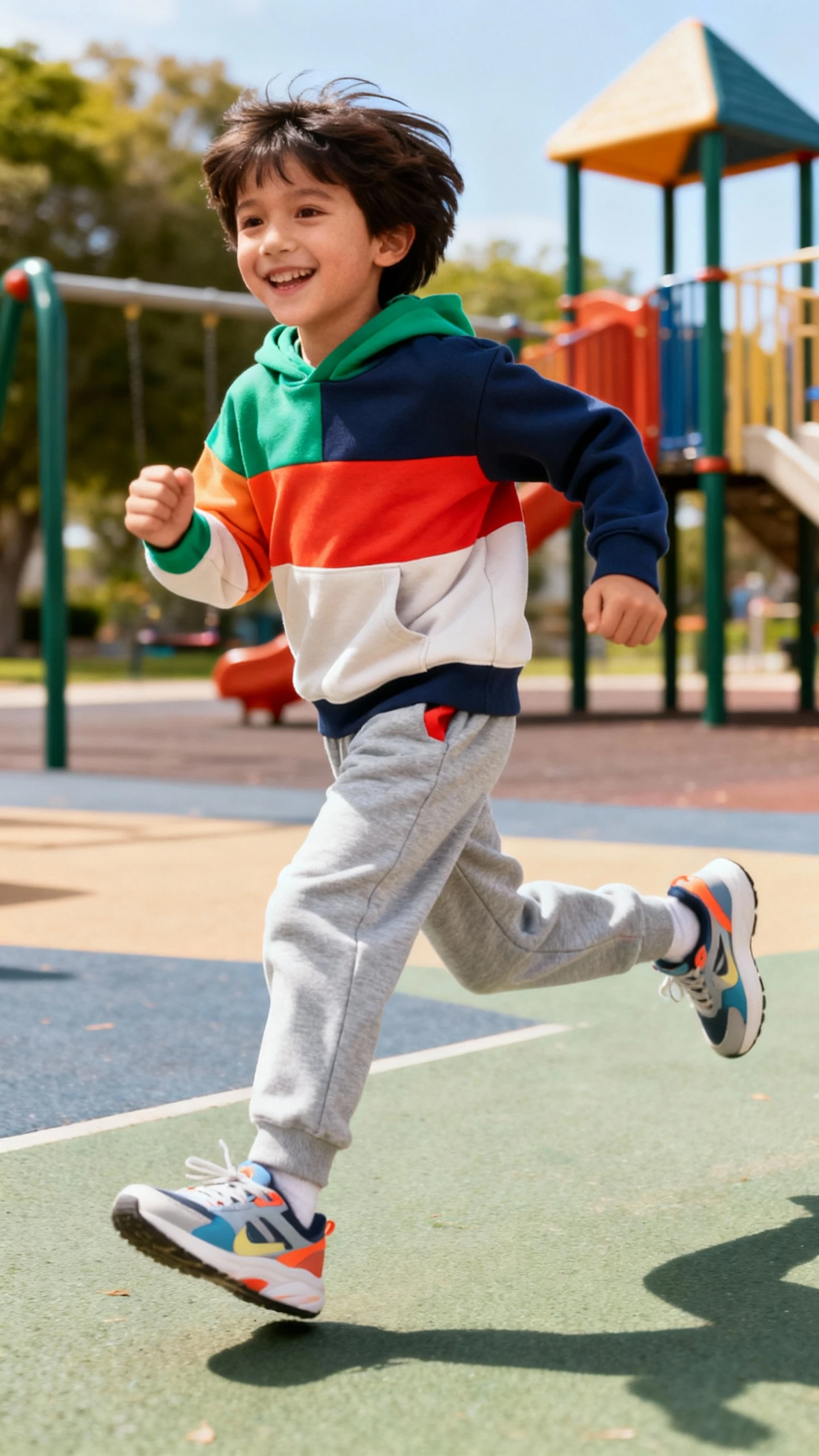 A child wearing a color-pop hoodie and matching joggers with lightweight sneakers, happy, sprinting across a playground, casual iPhone photo style, natural daylight, outdoor setting.