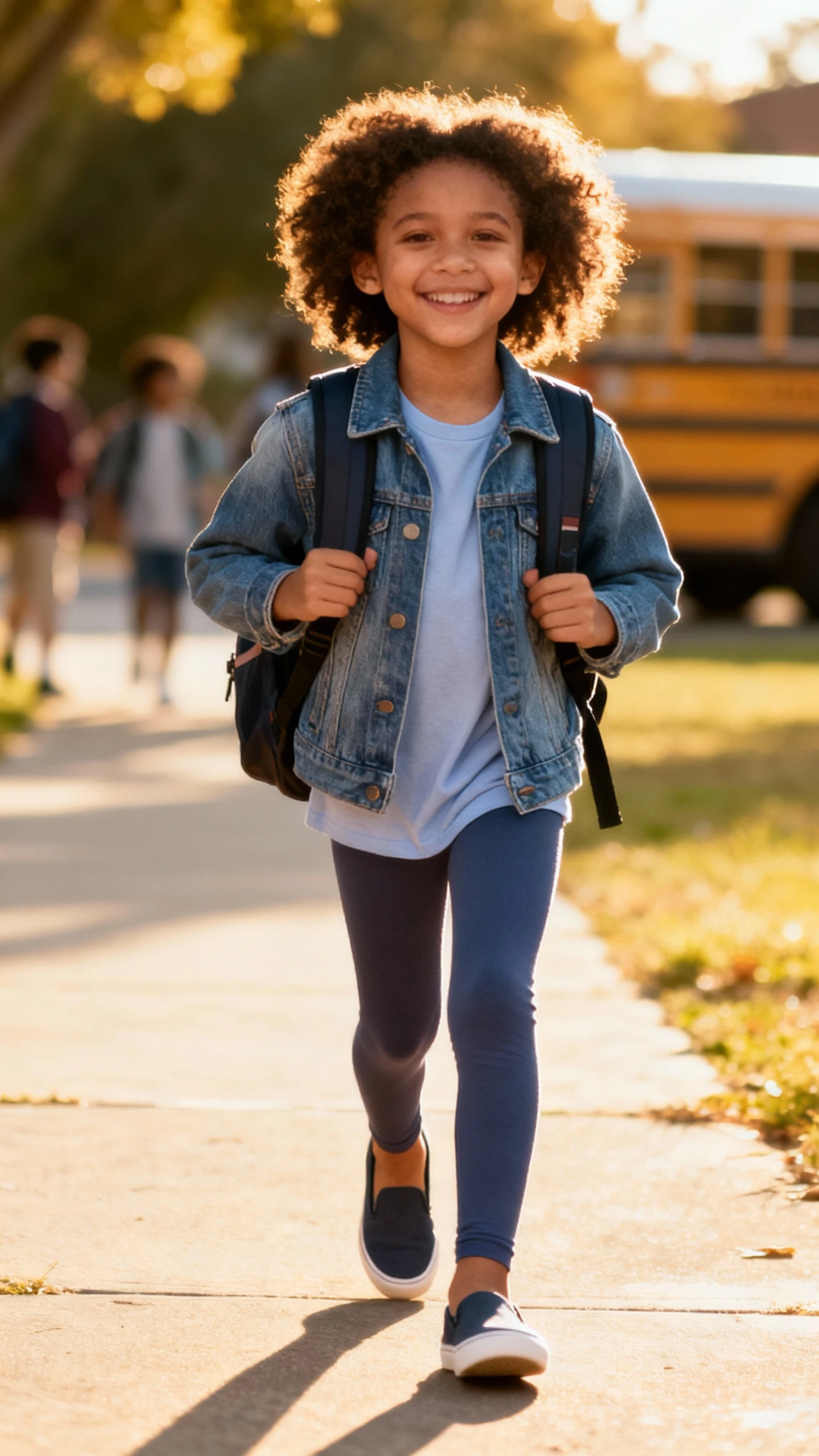 A child wearing a denim jacket over a soft tee with solid leggings and slip-on sneakers, happy, walking to school with a backpack, casual iPhone photo style, sunny day, outdoor setting.