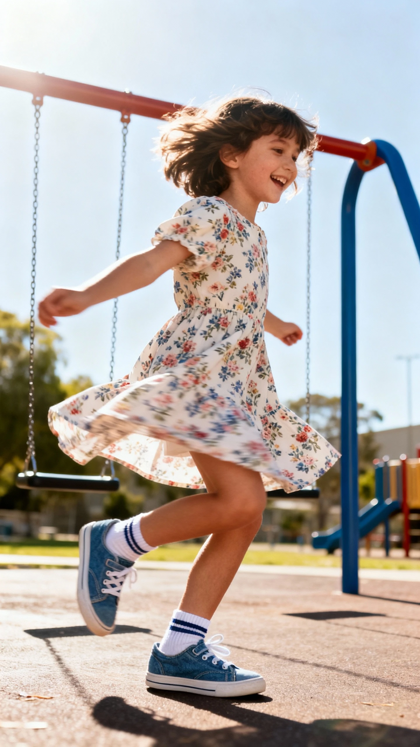 A child wearing a floral dress with denim sneakers and ankle socks, happy, twirling near playground swings, casual iPhone photo style, sunny day, outdoor setting.