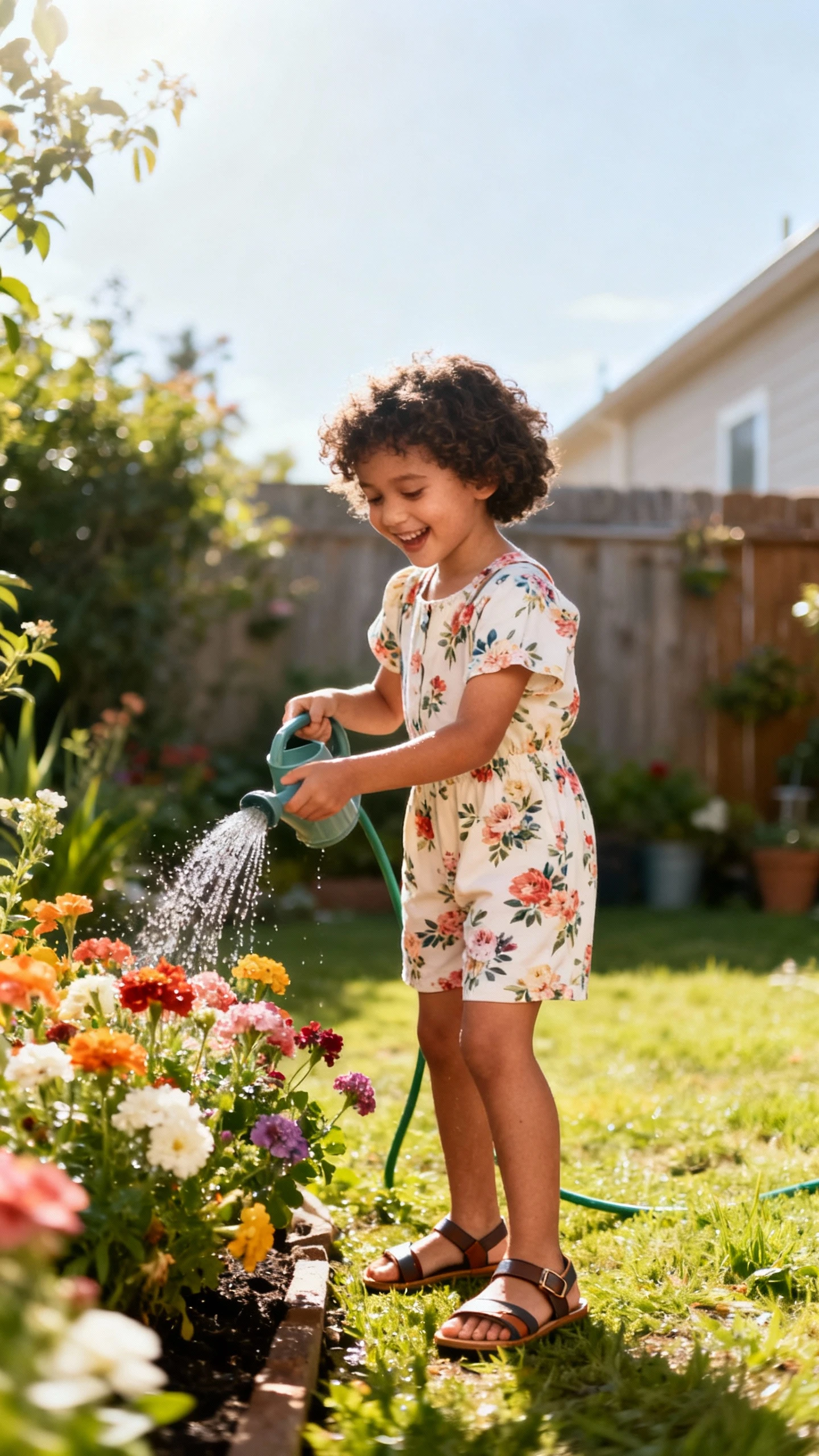 A child wearing a garden party jumpsuit with floral print, short sleeves, and sandals, happy, watering flowers in a backyard, casual iPhone photo, sunny day, outdoor.