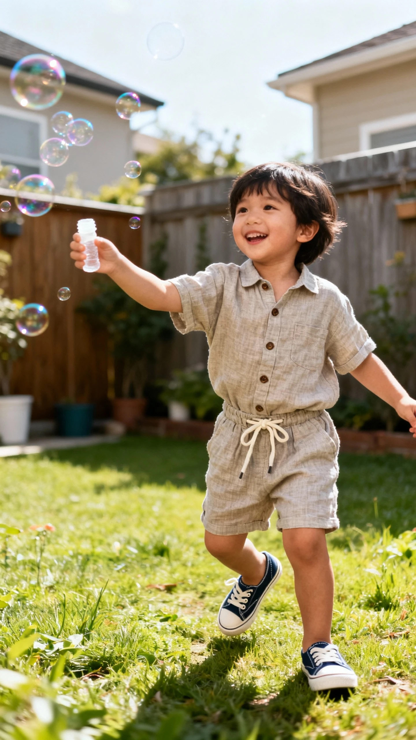 A child wearing a linen-blend shorts set with a button-up short-sleeve shirt and drawstring shorts, paired with canvas slip-ons, happy, chasing bubbles in a backyard, casual iPhone photo style, natural daylight, outdoor setting.
