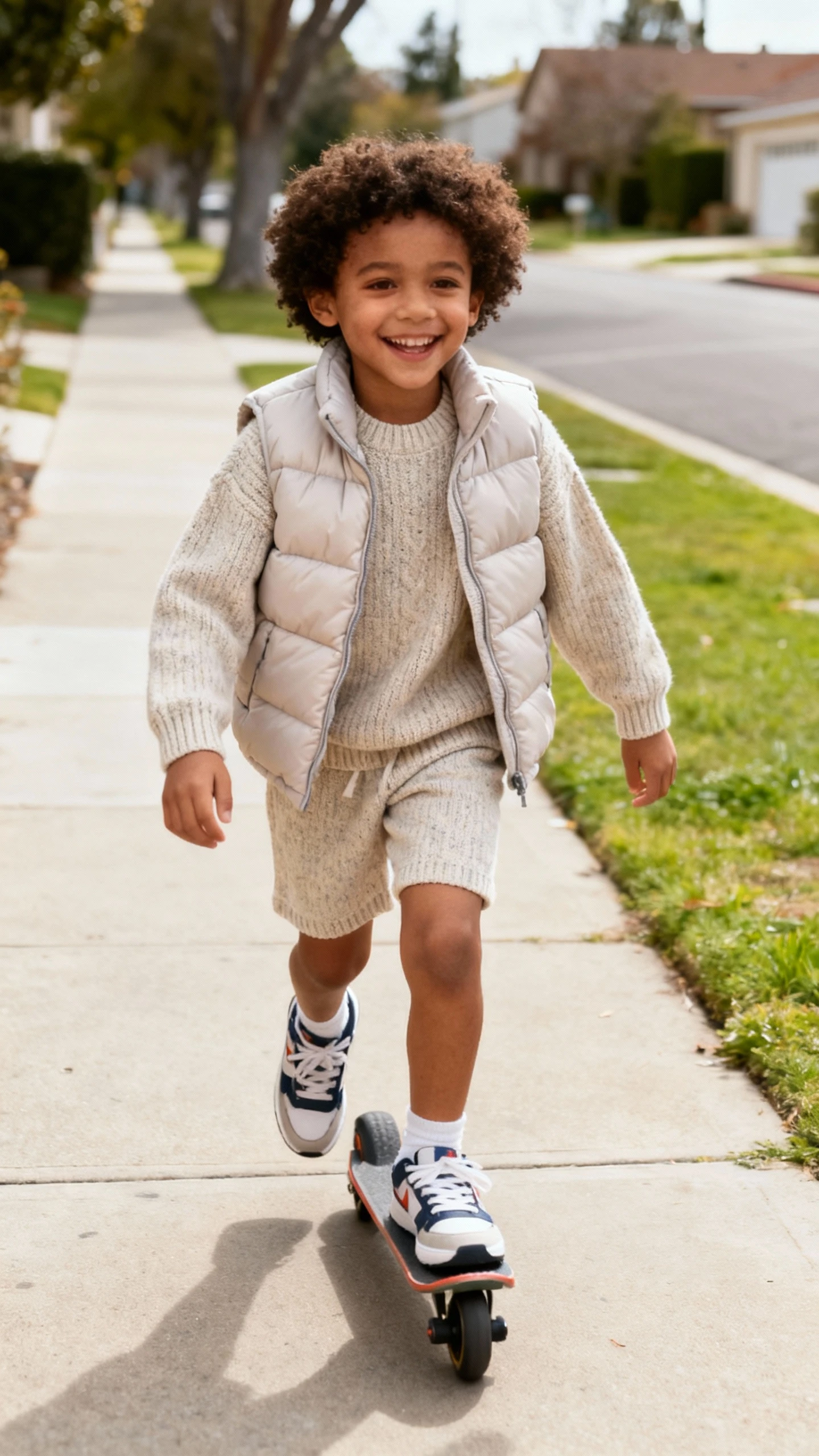A child wearing a matching knit set (sweater and shorts) layered with a light puffer vest and trainers, happy, scooting along a sidewalk in the neighborhood, casual iPhone photo style, natural daylight, outdoor setting.