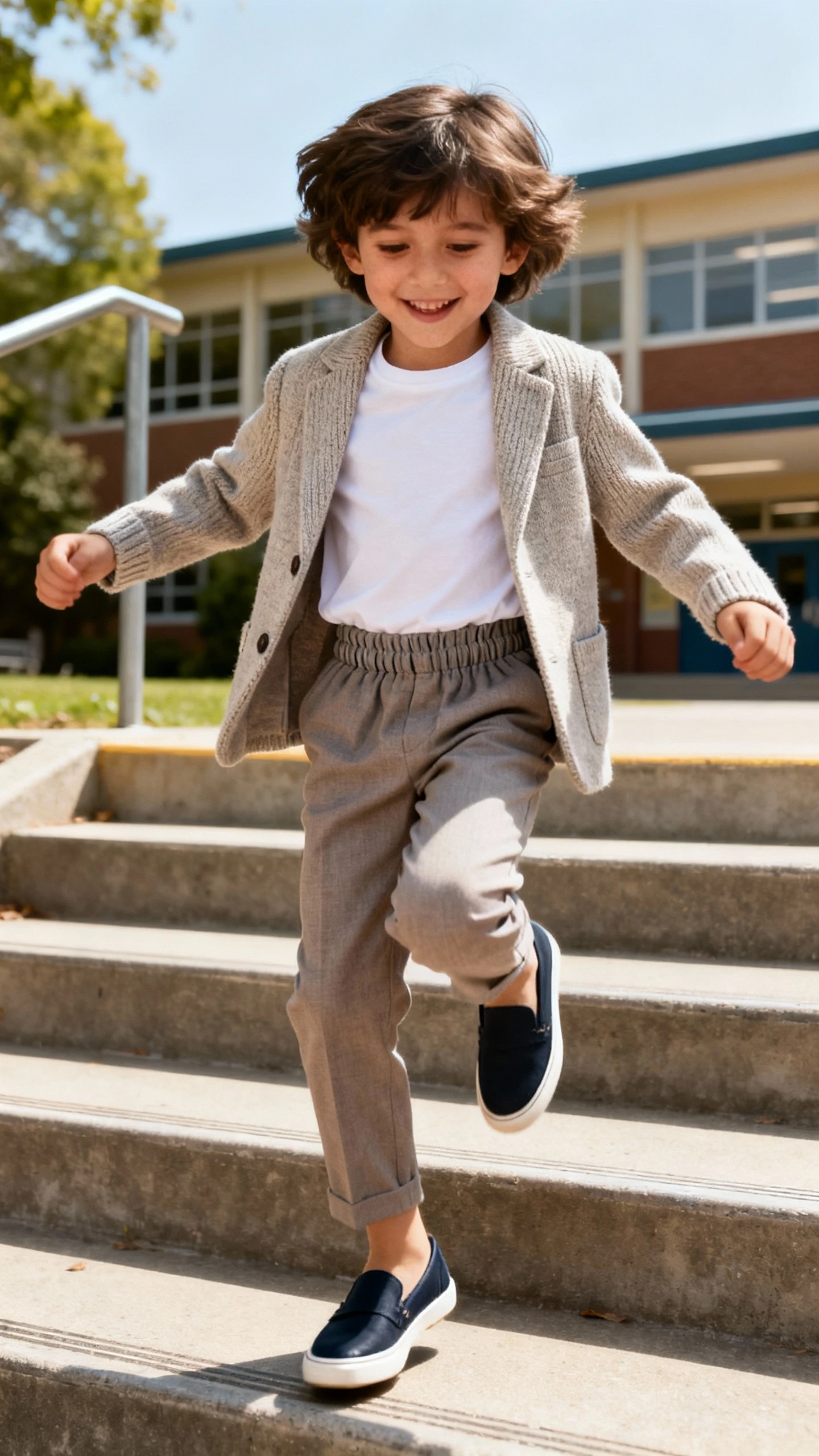 A child wearing a mini prep suit with soft knit blazer, elastic-waist trousers, cotton tee, and slip-on loafers, happy, hopping along school steps, casual iPhone photo style, natural daylight, outdoor setting.