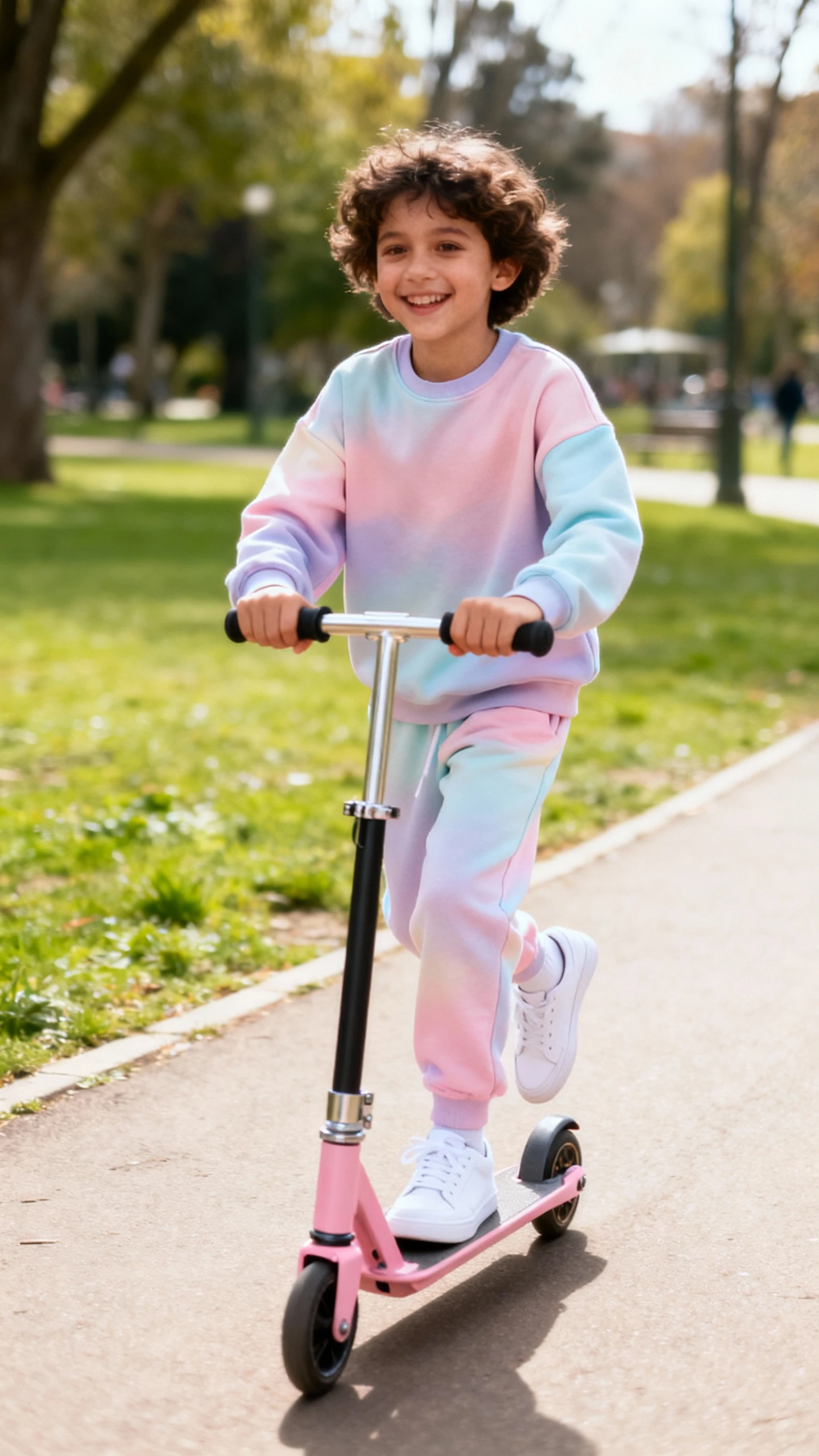 A child wearing a pastel athleisure set with matching sweatshirt and joggers plus clean white trainers, happy, scootering along a park path, casual iPhone photo style, natural daylight, outdoor setting.