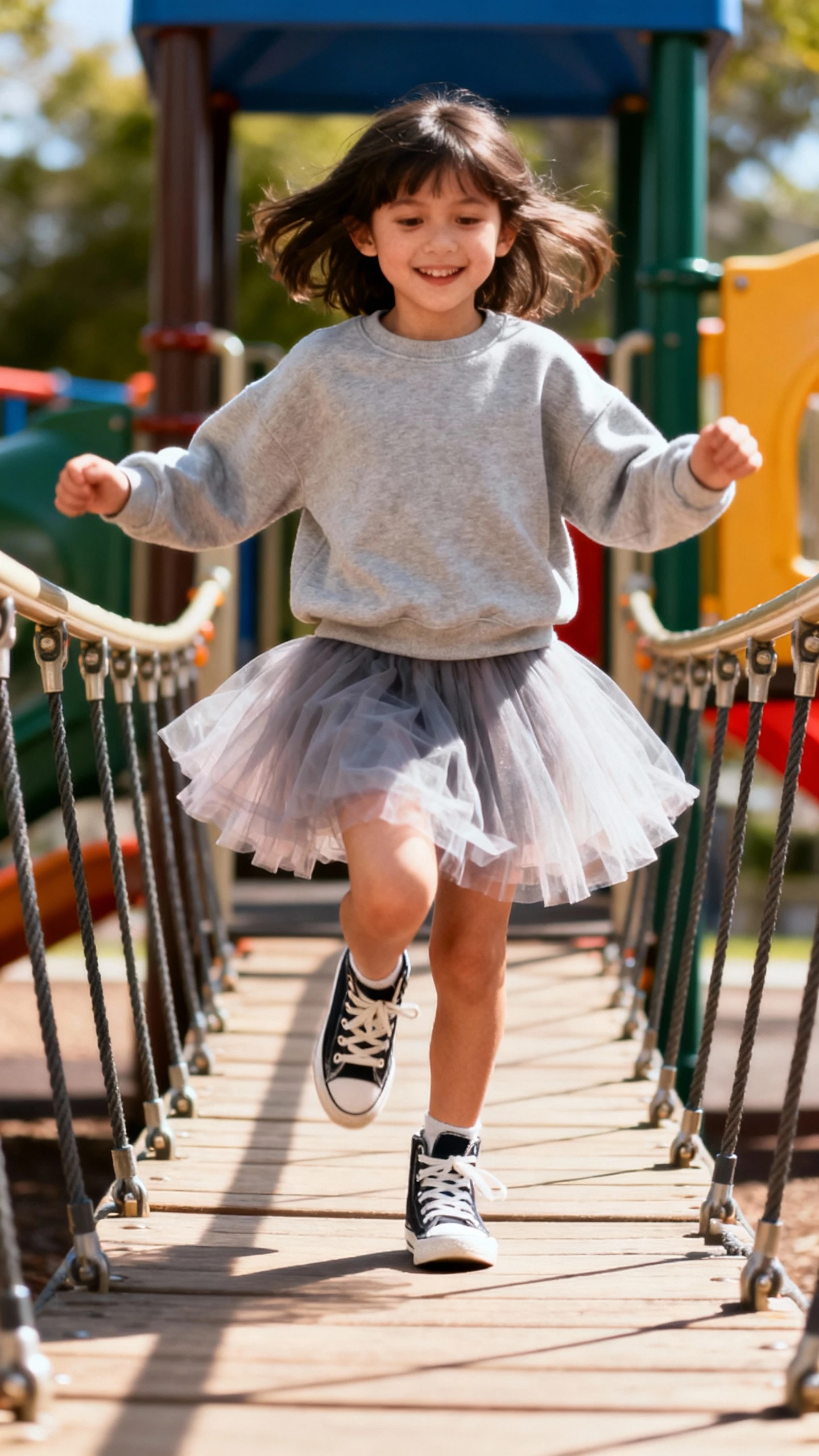 A child wearing a soft tulle tutu skirt with a cozy sweatshirt and high-top sneakers, happy, skipping across a playground bridge, casual iPhone photo, sunny day, outdoor.