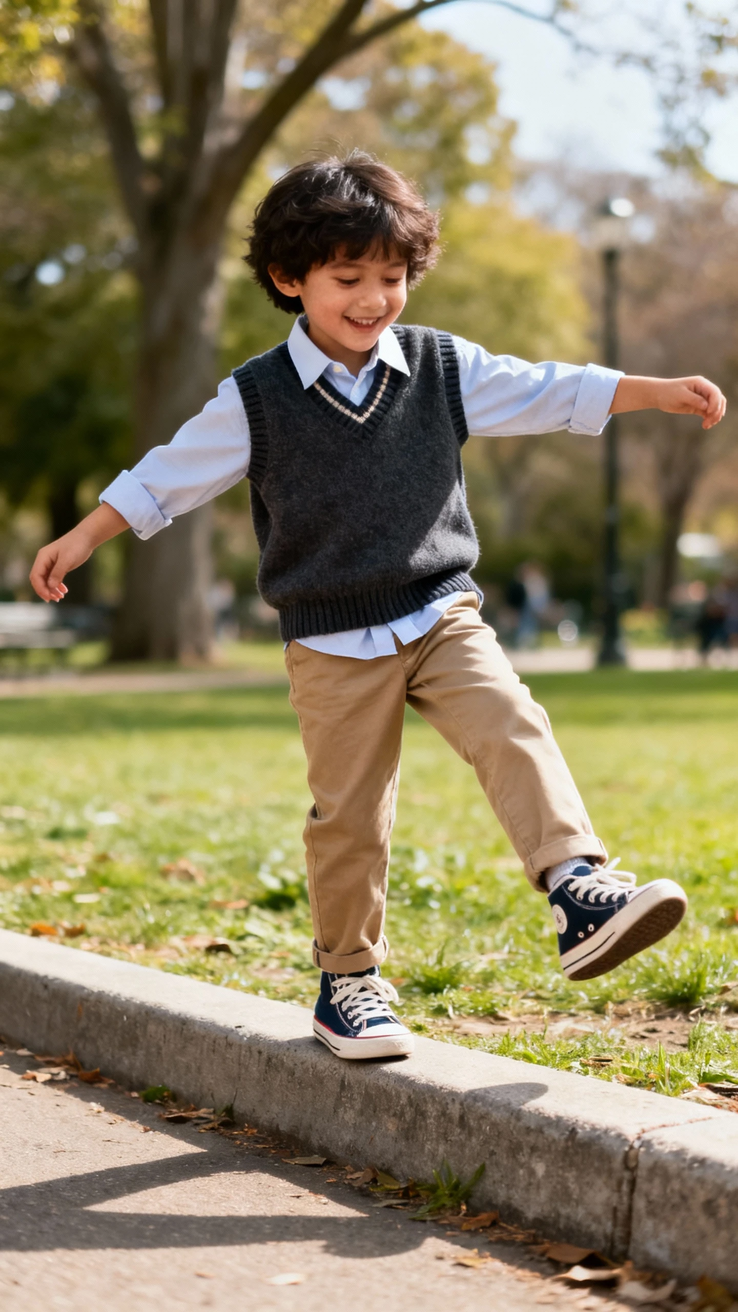 A child wearing a sweater-vest over a crisp collared shirt with chinos and retro sneakers, happy, balancing on a park curb, casual iPhone photo style, natural daylight, outdoor setting.