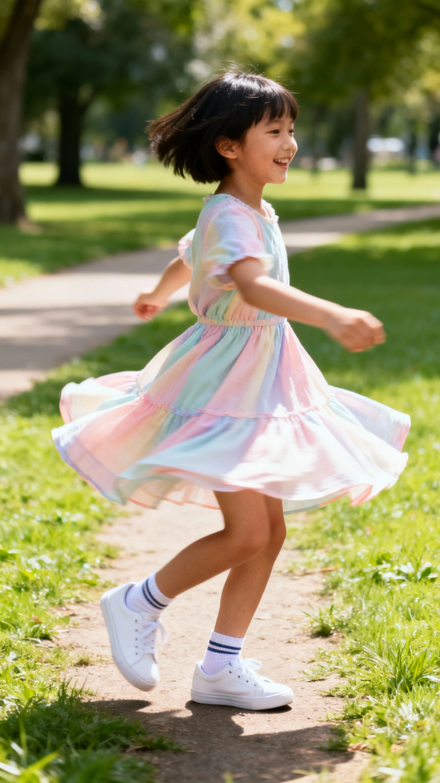 A child wearing a twirl-ready pastel dress with white low-top sneakers and ankle socks, happy, spinning on a grassy park path with the skirt flaring, casual iPhone photo, sunny day, outdoor.