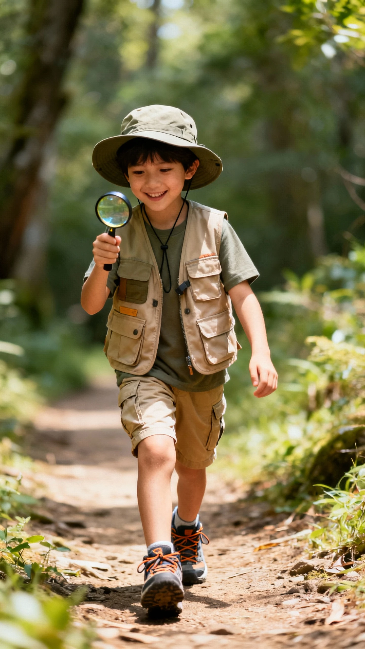 A child wearing an adventure vest over a tee with cargo shorts, trail sneakers, and a sun hat, happy, exploring a nature trail with a magnifying glass, casual iPhone photo style, natural daylight, outdoor setting.