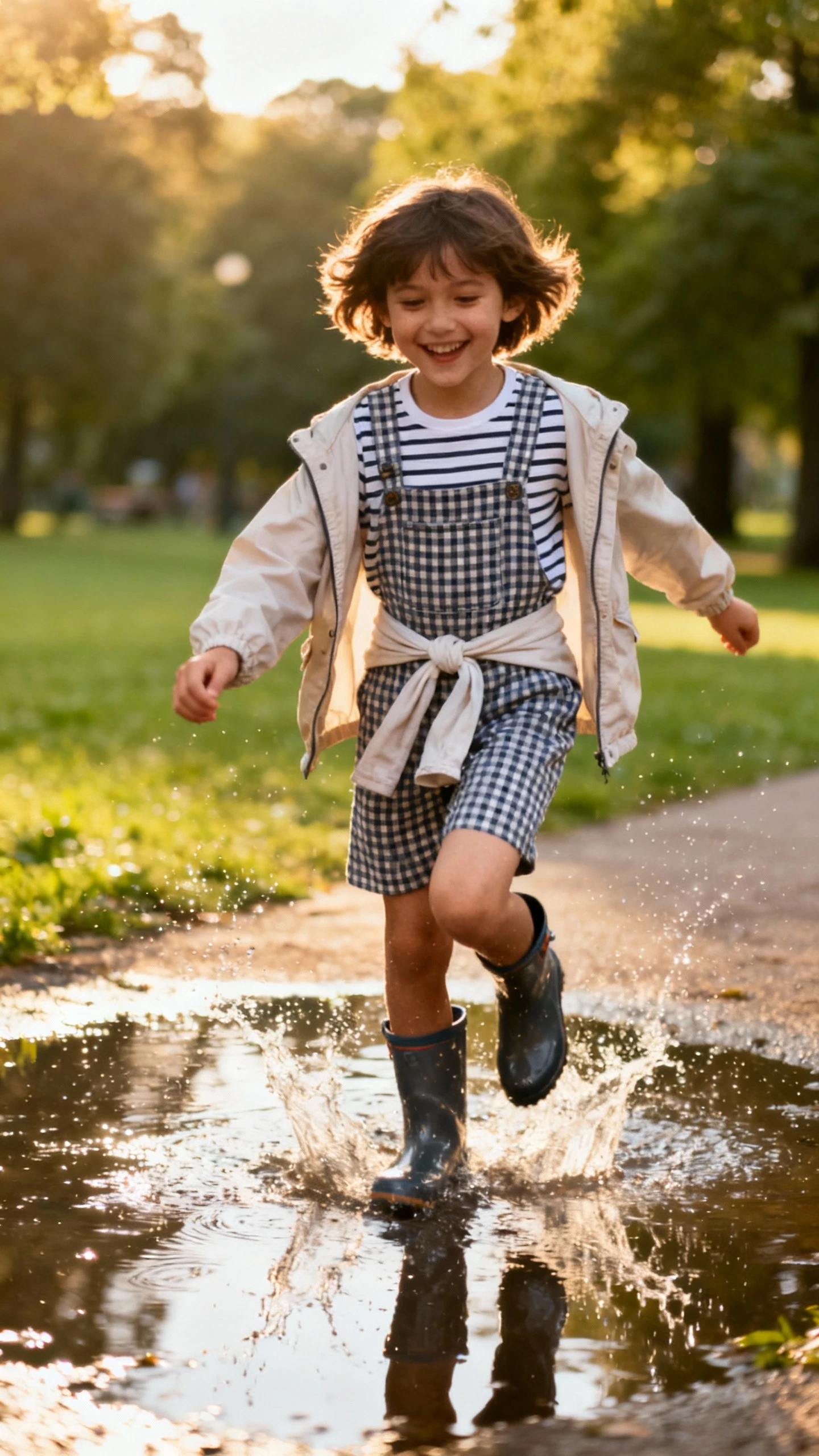 A child wearing gingham overalls layered over a striped tee with a lightweight jacket tied at the waist and rain boots, happy, splashing near a park puddle, casual iPhone photo, sunny day after rain, outdoor.