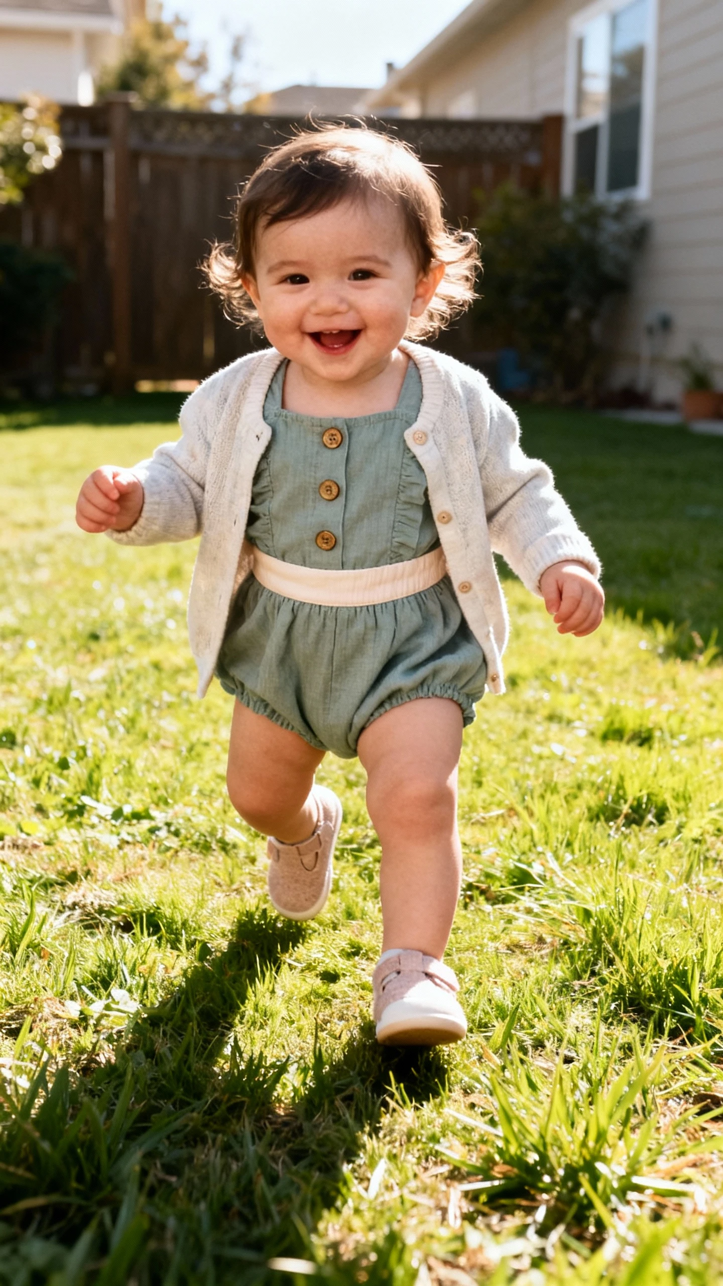 A toddler wearing a dressy romper with buttons and soft waistband, layered with a lightweight cardigan and soft-soled shoes, happy, toddling through a grassy yard, casual iPhone photo, sunny day, outdoor.