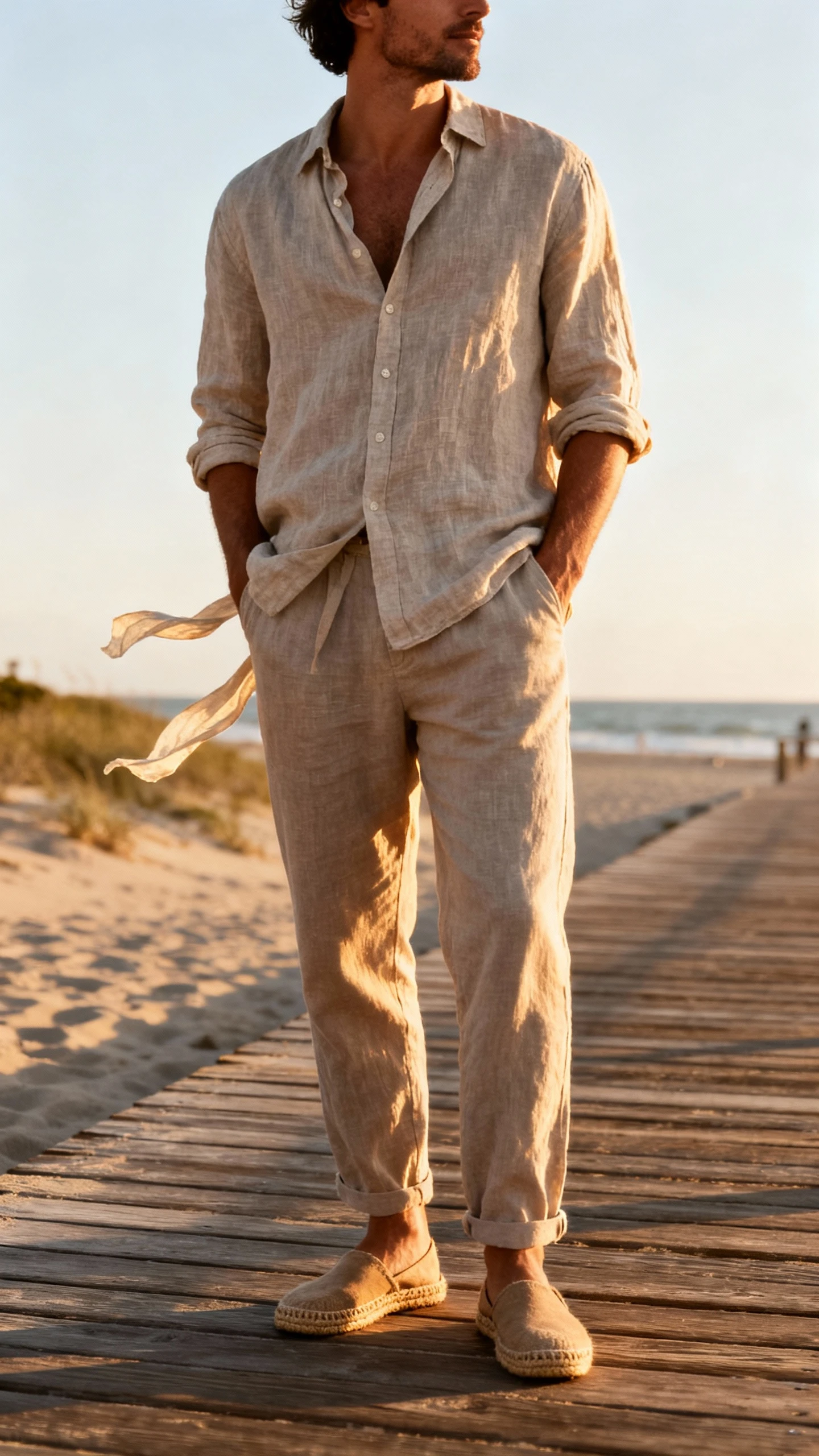 Candid beachside boardwalk shot of a man in a linen shirt, relaxed trousers, and espadrilles, hands in pockets, breeze in fabric, face in shadow, golden-hour daylight, iPhone photo quality.