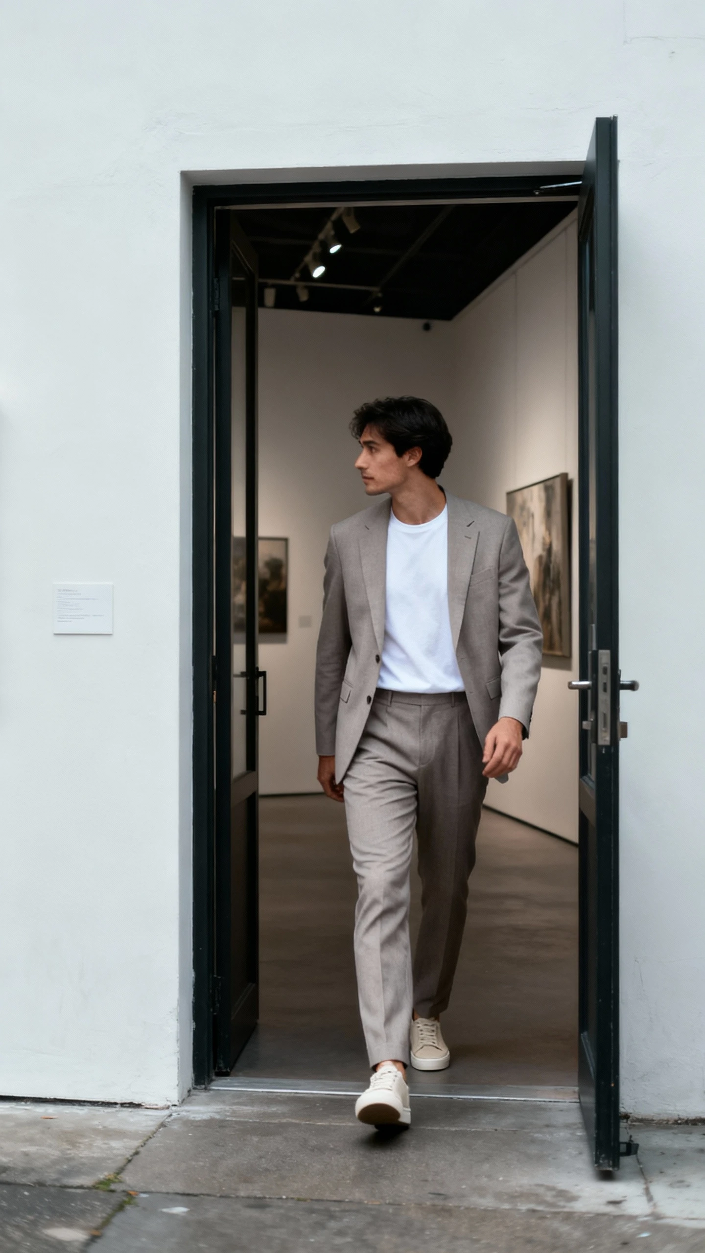 Candid photo of a man in a lightweight suit with a clean white T-shirt and minimalist trainers, stepping out of a gallery door, face looking away, cool overcast light, iPhone photo quality.