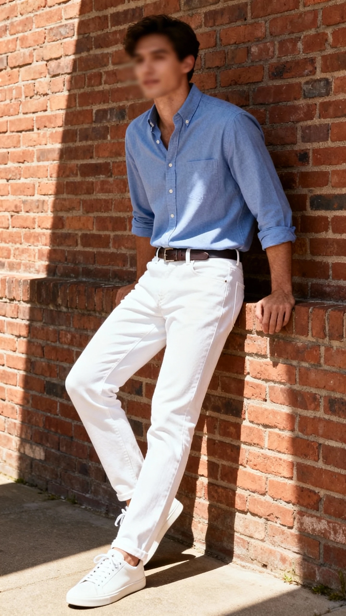 Candid photo of a man wearing a crisp Oxford shirt tucked into white jeans with clean sneakers and a simple belt, leaning on a sunlit brick wall, face slightly blurred, bright daylight, casual iPhone aesthetic.