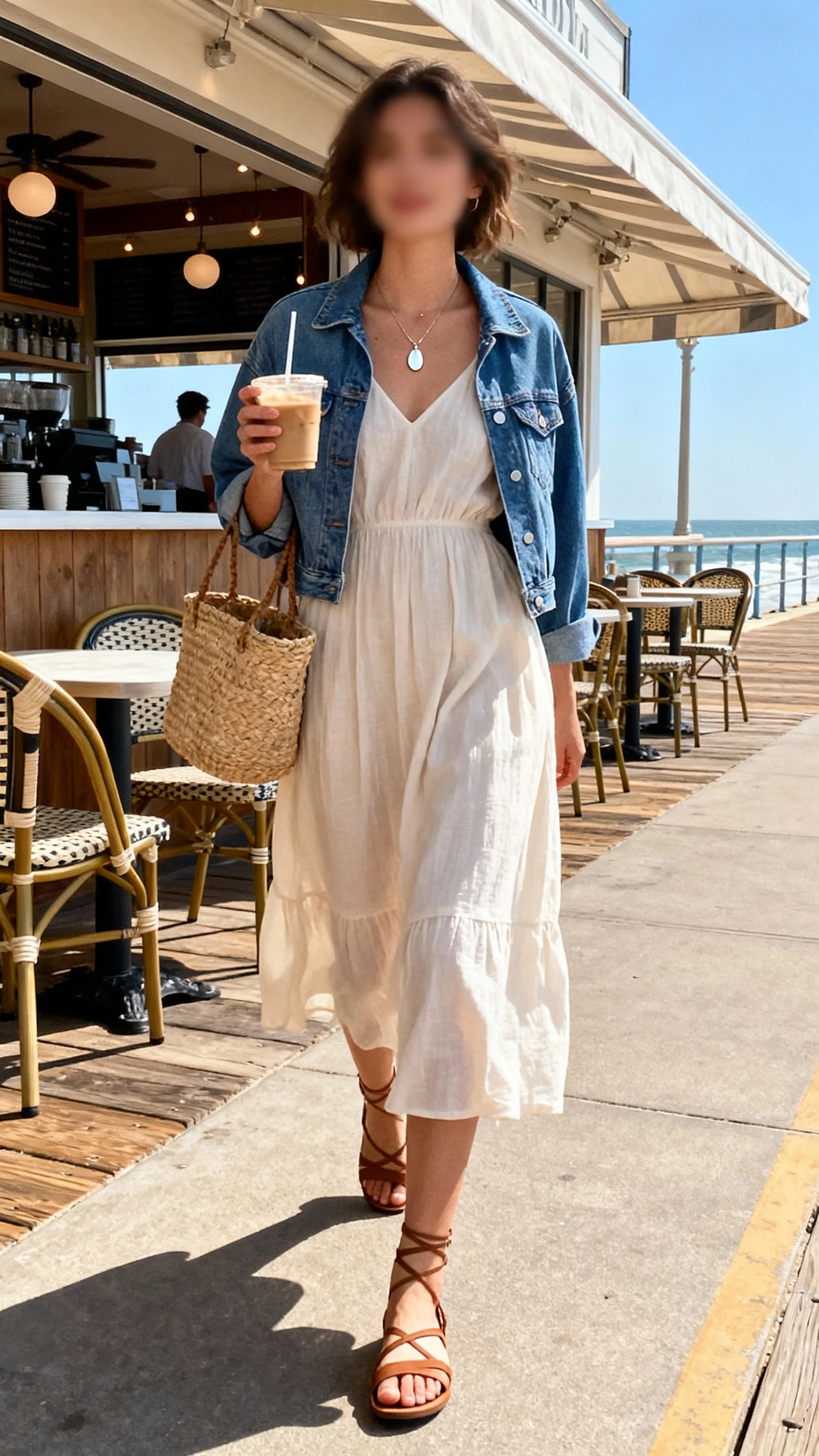 Candid photo of a woman wearing a breezy midi dress with a denim jacket over the shoulders, flat strappy sandals, woven basket bag, and delicate pendant necklace, strolling by a sunny boardwalk cafe with an iced coffee, face slightly blurred, natural coastal light, casual iPhone aesthetic.