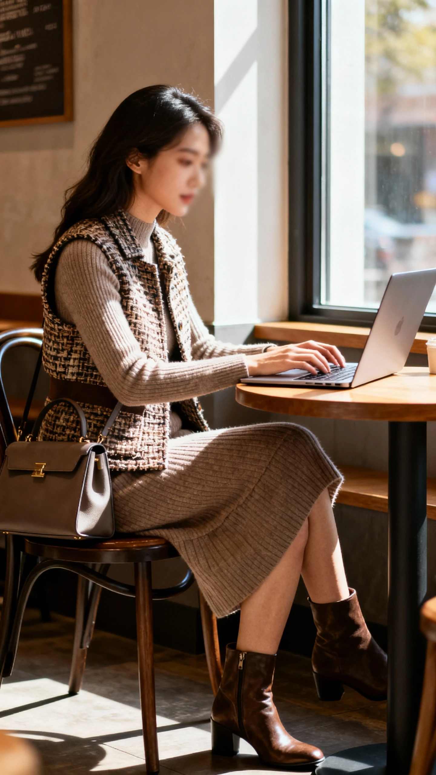 Candid photo of a woman wearing a polished knit dress with textured layers (waistcoat or woven jacket), ankle boots, and a structured tote, working on a laptop at a sunlit cafe table, face slightly blurred, warm window light, casual iPhone aesthetic.