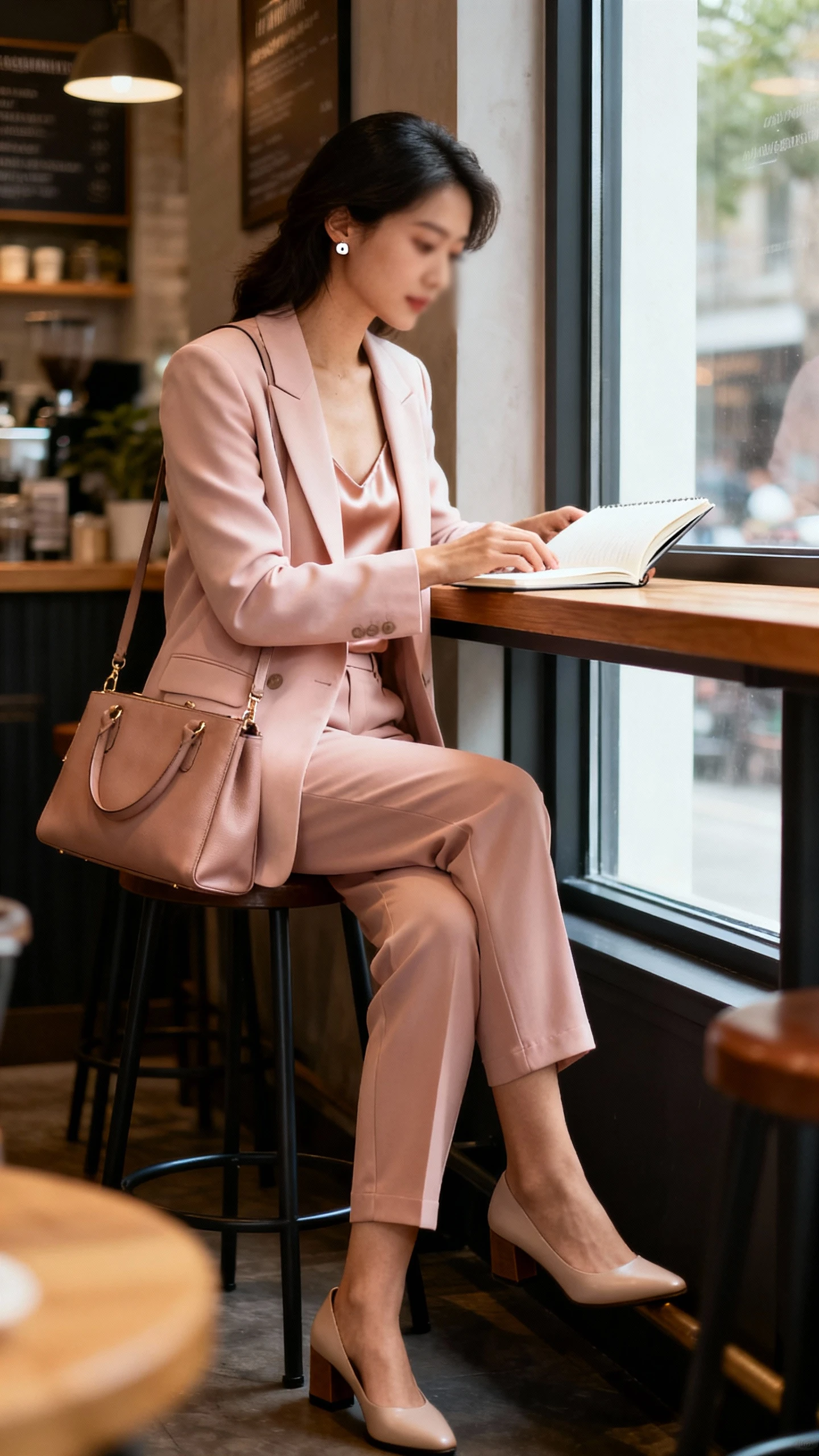 Candid photo of a woman wearing a tailored pastel blazer, silky camisole, ankle-length tapered trousers, low block-heel pumps, structured tote, and subtle stud earrings, typing at a cafe window bar with a notebook open, face slightly blurred, natural window light, casual iPhone aesthetic.